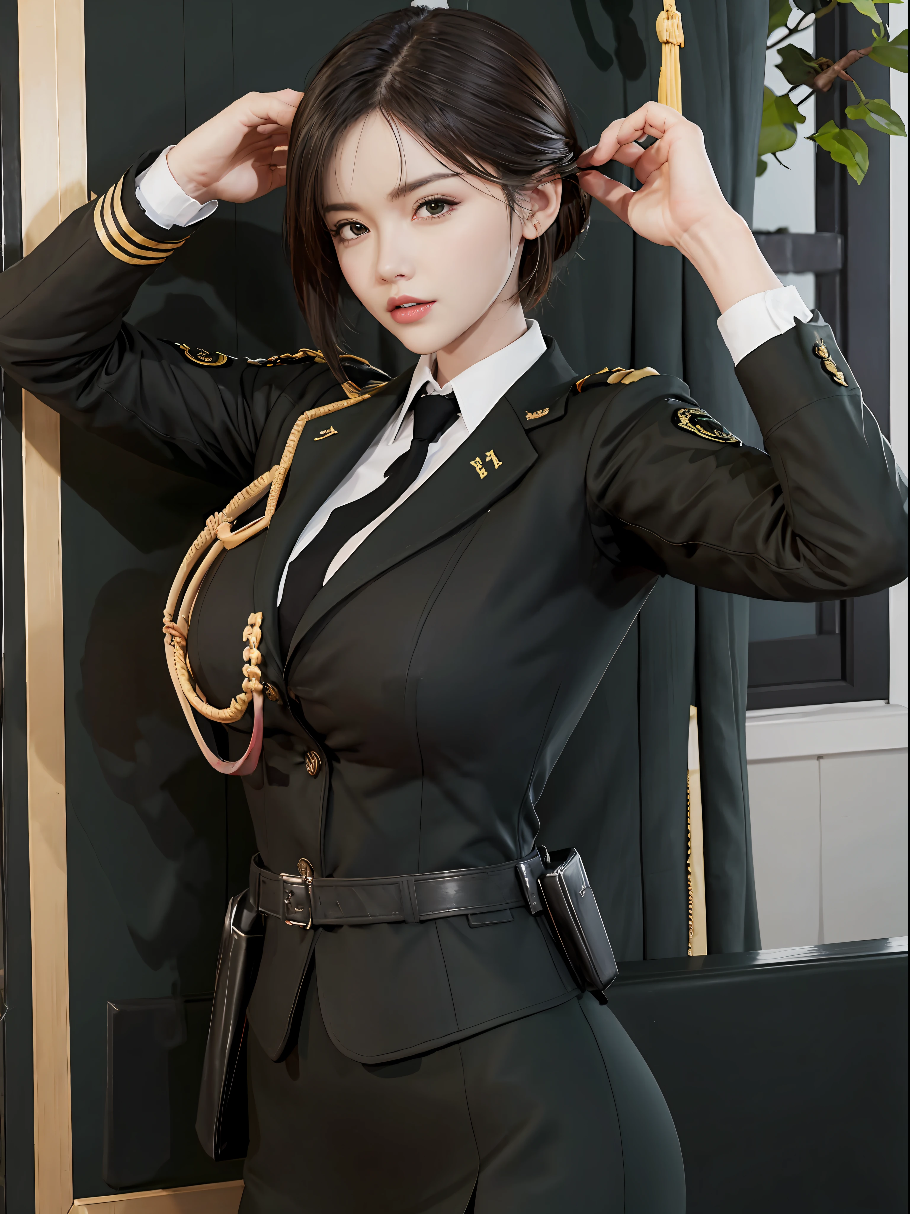 Very detailed CG unity 8K wallpaper，（tmasterpiece），（best qualtiy），（ultra - detailed），（Ultra photo realsisim），（best character detail：1.36），Nikon D750 f / 1.4 55mm，profesional lighting， physically-based renderingt, 1girll, Female soldier，army suit，Dark green military uniform，Fabric texture military uniform，Pure white lining，Dark green tie，Black hair，the golden ratio,[:(com rosto detalhado:1.2):0.2]:,PureErosFace_V1, broad shoulder,(Bigchest:1.5),(big assa:1.5)，Soaked with sweat，red flags，In the square，Splendid scenery，bright sun，upper body photos，Place your hands on your chest，