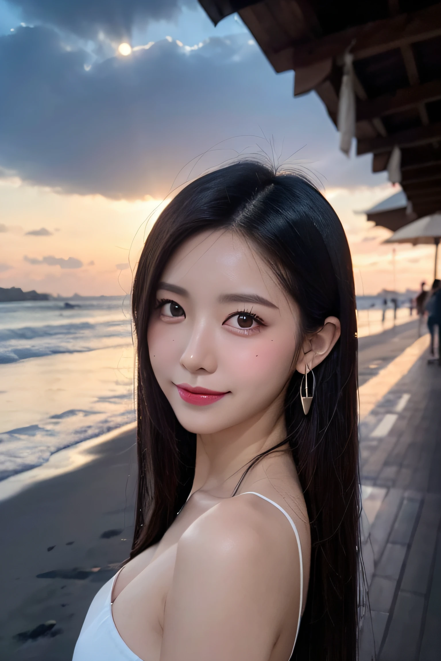 a woman,1 girl,black hair, hair bobbles, longeyelashes, solid circle eyes, light smile, mole under eye, heart earrings, light smile, shy, puckered lips, Surrealism, drop shadow, stereogram, pov, atmospheric perspective, depth of field, first-person view, f/1.8, 8k, super detail, ccurate, best quality, highres, best quality,full body,professional lighting,moonlight,evening,beach,fold your arms behind head:1.5