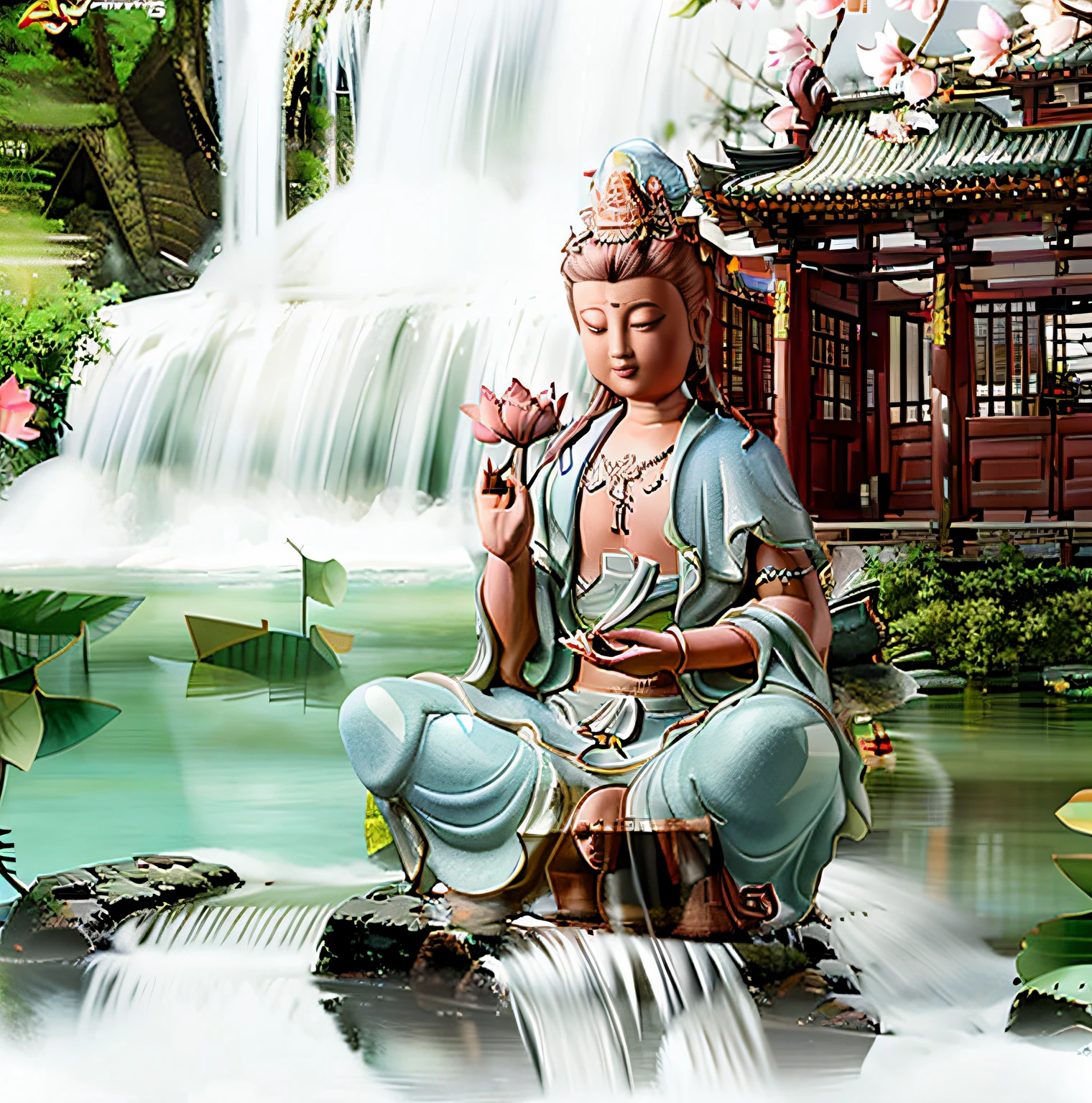 Guanyin sits on a lotus throne, Guanyin Bodhisattva, Avalokitesvara, Chinese temples scattered in the forest not far away,   Waterfalls pour into lakes or streams in the background, Mountains and small lake of Briante in the background, lotus flowers in the foreground, Clear and clear fingers, Clear and distinctive toes, Clear and vivid facial features,jewelry, leafs, the lilies, Lily_pads, necklace, plant, Solo, chinese temple, paths, cherry blossom, Sharp focus, sun's rays, Sparkling ripples, Wind ripples, hyper-high detail, Realphotos, Intricate details, Perfectcomposition, beautiful detailed intricate, 8 K photography, Photorealistic, Masterpiece, photo-realistic, Image Enhancement,Image post-processing,Image retouching