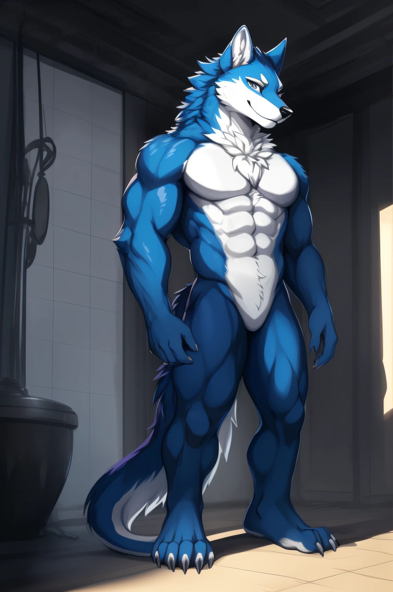 Male white wolf), standing on your feet, 独奏, musculature, Detailed scale texture, , (Shoulder blades, Leg nails), Blue body,White belly，zori，shadowing，Dim environment，（Chie's art，（drakgem），（（rakisha）），（kontanagamori）），（up front view），Looks pleased，[simple backgound]，Detailed students，Masterpiece artwork，Caustics, edge lit, Singlelightsource, Sharp shadows, Single portrait,drools