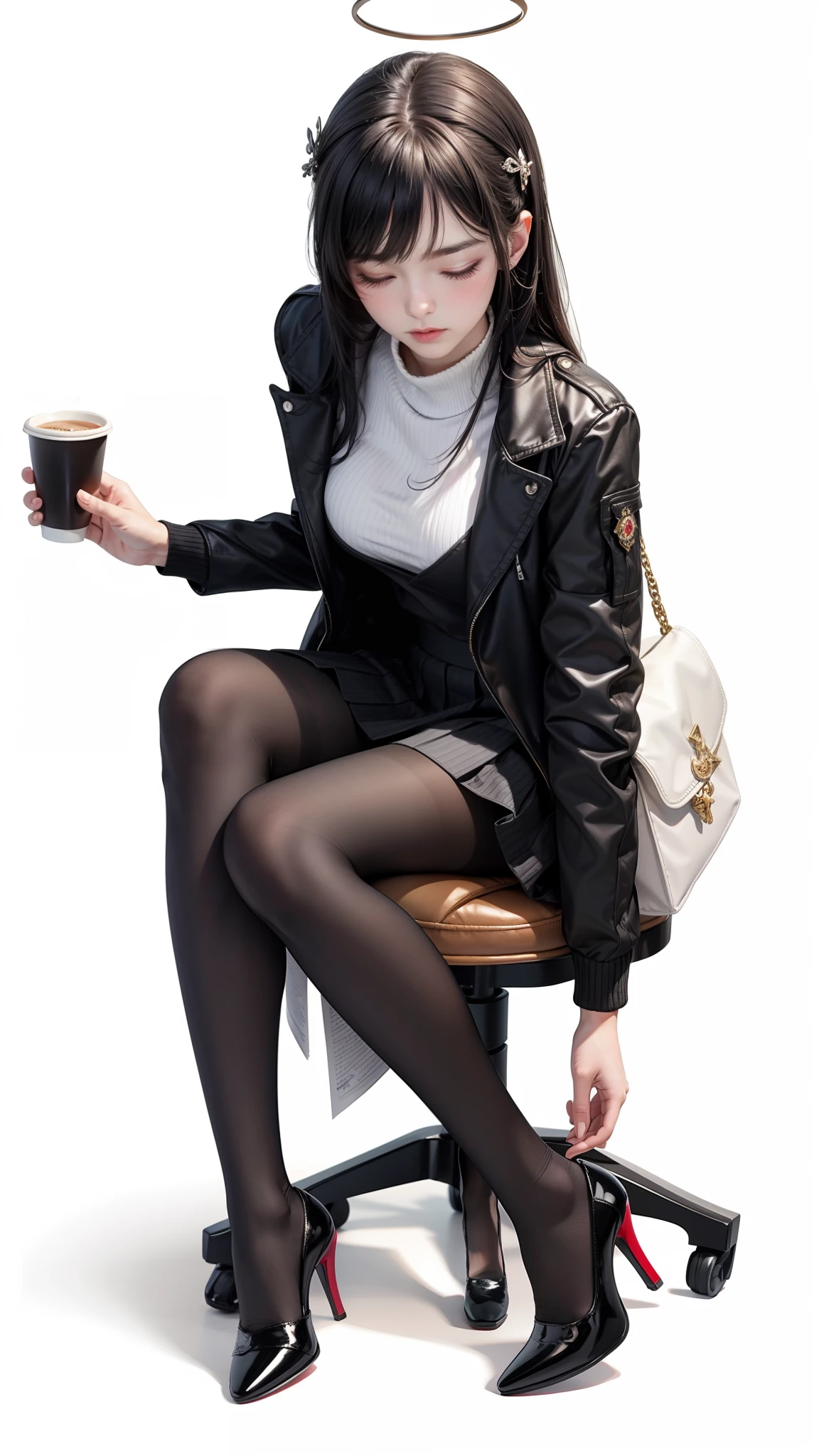 masterpiece,bestquality,photorealistic,ultra hires,8k,1girl, high_heels, pantyhose, hair_ornament, can, closed_eyes, long_hair, black_jacket, sitting, jacket, solo, skirt, black_hair, holding_can, black_footwear, long_sleeves, closed_mouth, simple_background, bangs, disposable_cup, white_background, hairclip, halo, black_legwear, holding, eyebrows_visible_through_hair, cup, breasts, blush, shoes, sweater, bag, coffee_cup
