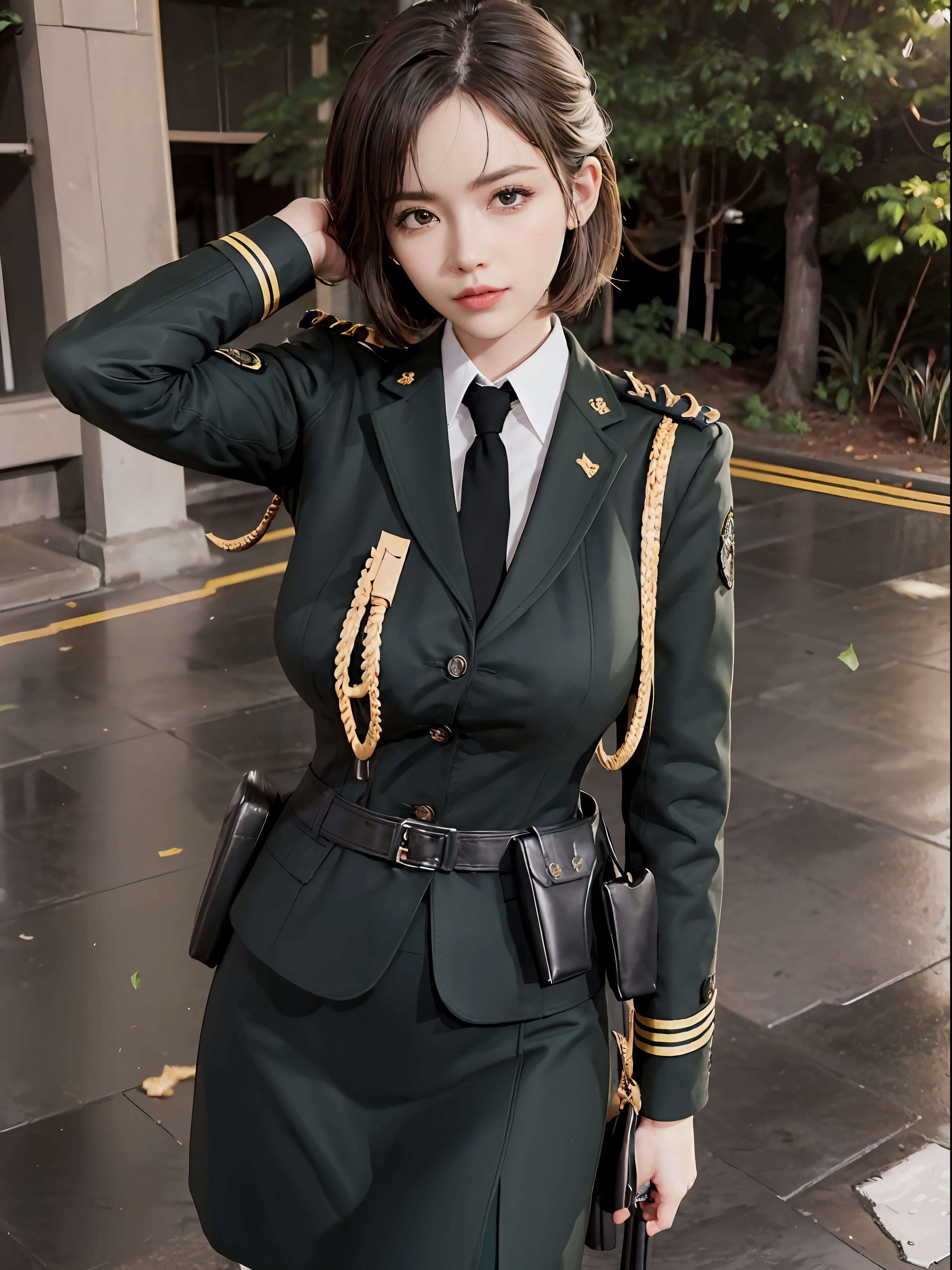 Very detailed CG unity 8K wallpaper，（tmasterpiece），（best qualtiy），（ultra - detailed），（Ultra photo realsisim），（best character detail：1.36），Nikon D750 f / 1.4 55mm，profesional lighting， physically-based renderingt, 1girll, Female soldier，army suit，Dark green military uniform，Fabric texture military uniform，Pure white lining，Dark green tie，Black hair，the golden ratio,[:(com rosto detalhado:1.2):0.2]:,PureErosFace_V1, broad shoulder,(Bigchest:1.5),(big assa:1.5)，Soaked with sweat，The hand is unbuttoning the clothes，red flags，In the square，Splendid scenery，bright sun，upper body photos