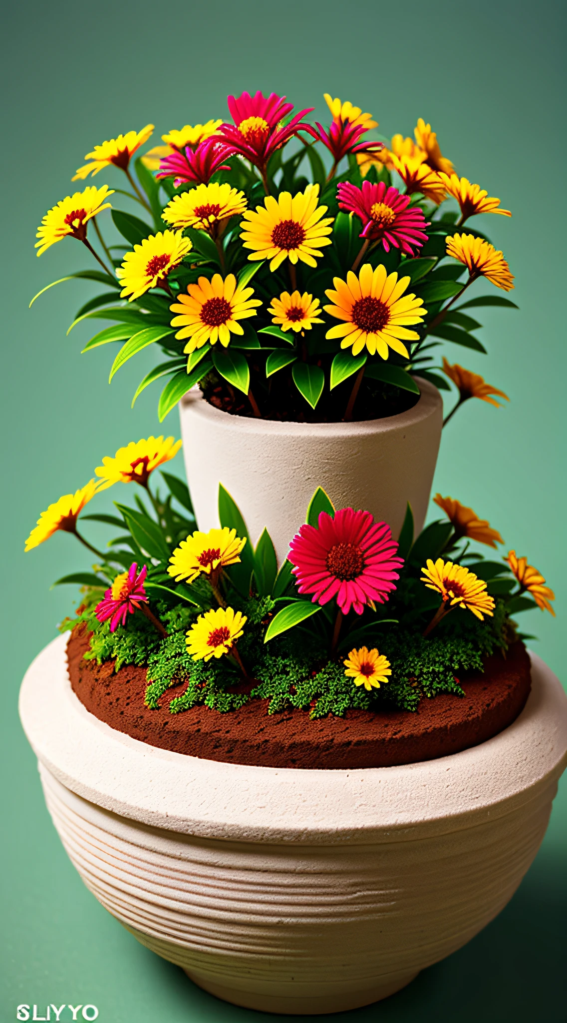 Clay flowerpot, colorful flowers, background blank, lots of details, bee, ants, high quality, 8k,