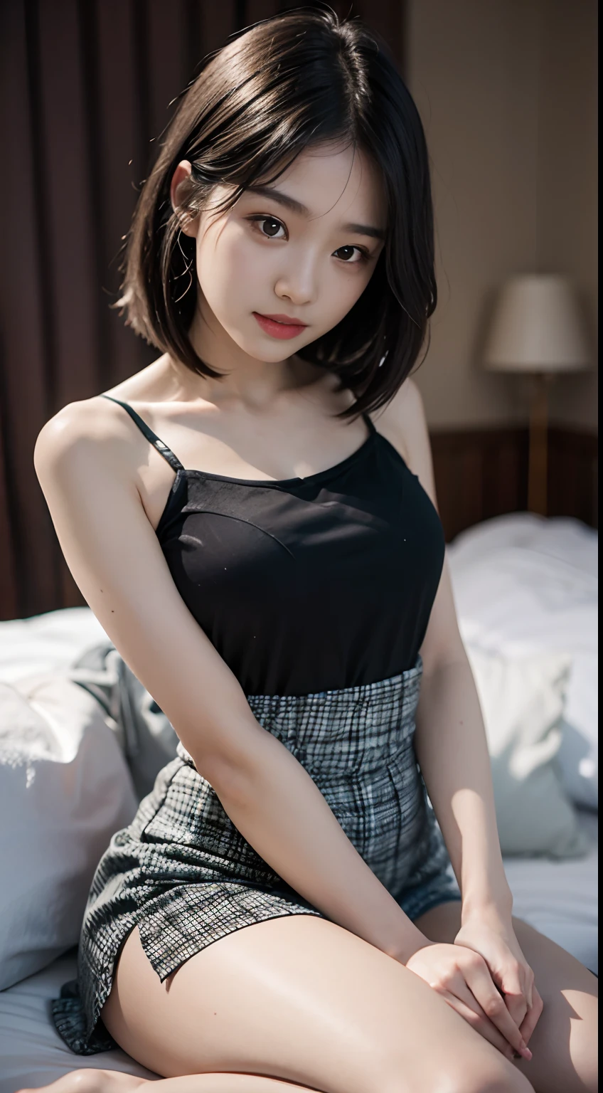 8K,top Quority,tmasterpiece,Realism,Three-dimensional feeling,adolable,physically-based renderingt,A female high school student,Chinese face,adolable,full body shot shot,Attire,ssmile,Toothy,White skin in the red,Short black shoulder-length hair,on bedroom,Sit on the bed。Not exposed,Medium height,with a good figure,SLR shooting,Look at the audience,Well laid out,Front Shooting