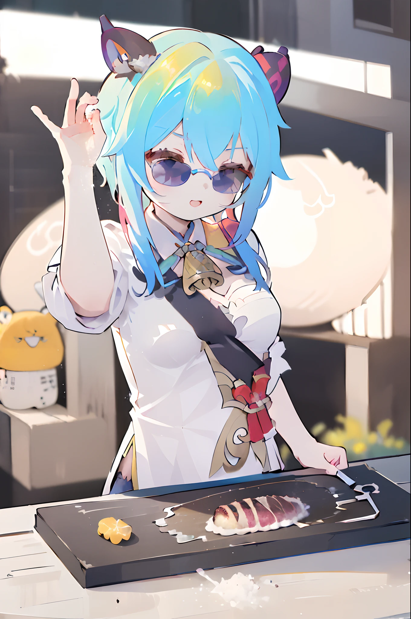 ((masterpiece, best quality)),(colorful),
1girl,ganyu \(genshin impact\),ahoge,2horns,long hair,sunglasses,Confident smile,neck bell,chinese knot,medium breasts,
saltbae,salt drop from hand,
Beef steak ON cutting board,