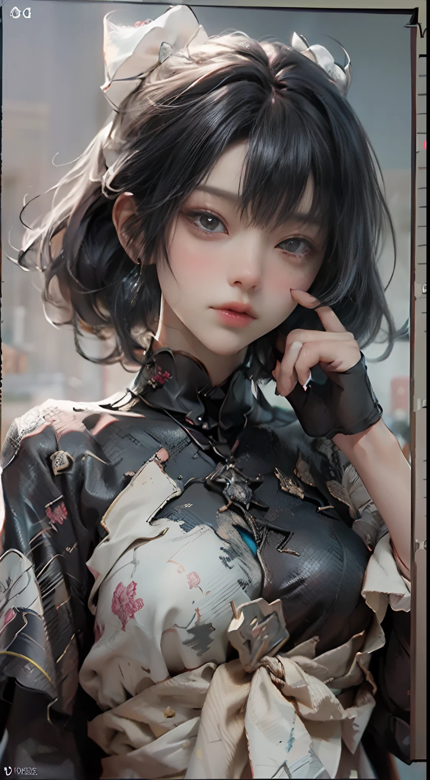((Best Quality)), ((masutepiece)), (detail: 1.4), 3D, Beautiful Japan female figure, nffsw (High dynamic range), Ninja attire, satin, Ray tracing, NVIDIA RTX, Hyper-Resolution, Unreal 5, Subsurface scattering, PBR Textures, Post-processing, Anisotropy Filtering, depth of fields, Maximum Sharpness and Clarity, Multilayer Texture, Albedo and Highlight Maps, Surface Shading, accurate simulation of light and material interactions, Perfect proportions, Octane Render, bi-color light, Large aperture, Low ISO, White Balance, thirds rule, 8K Raw, finger detailing, refined facial features, Focus on the face、A dark-haired、Red ribbons、hand armor、