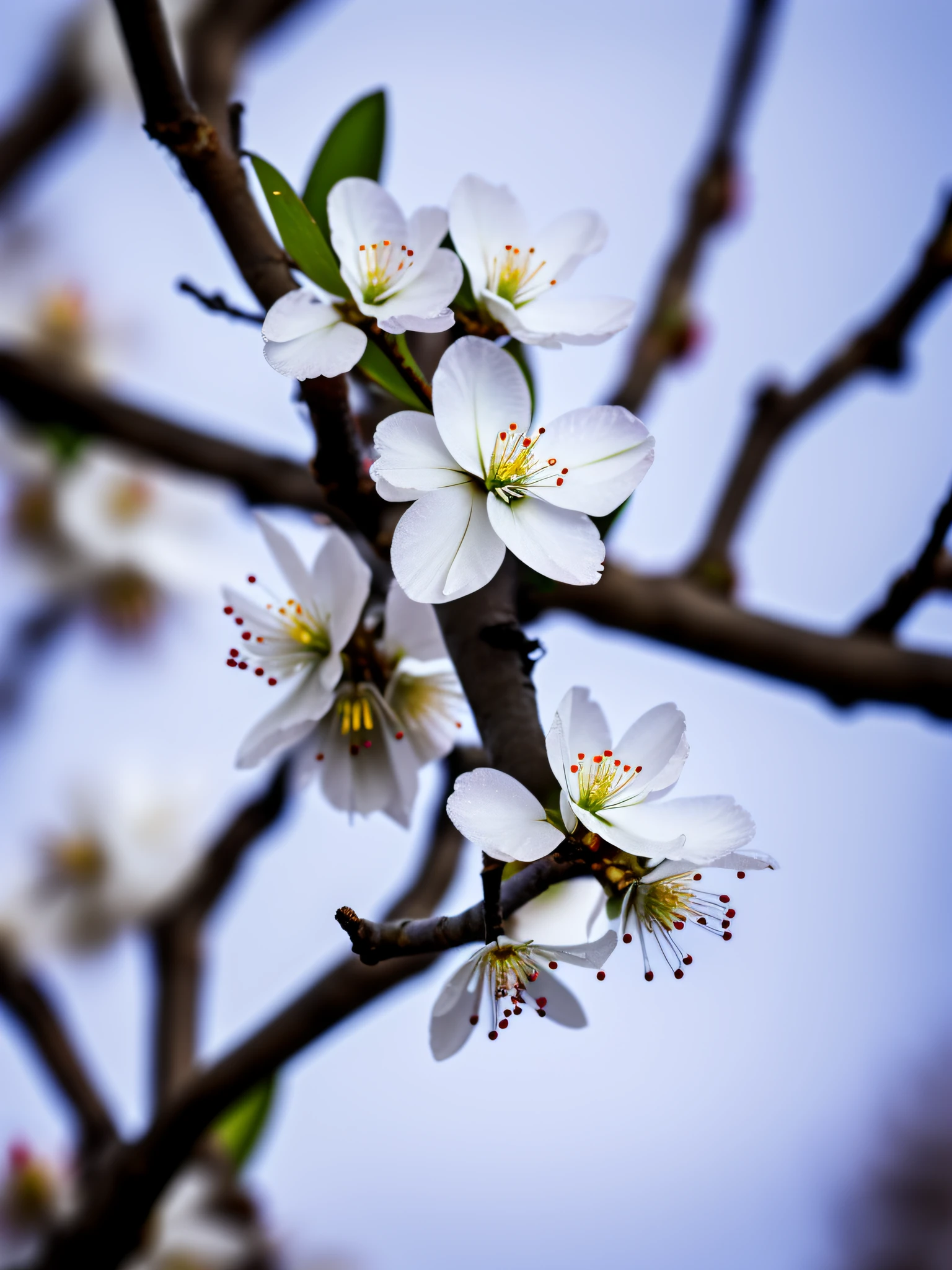A superb in the cold wind knows the white plum blossoms on the branches near the buds, darkness, dawn, (cold morning: 1.1), (morning dew: 1.15), realistic photography, (low-key photo: 1.2), detail, 8k, intricate folded cicada wings, water droplets and ice crystals on the body, (to8contrast style), (mist: 0.7), bright colors, Sony a6600 Mirrorless Camera, embellish2