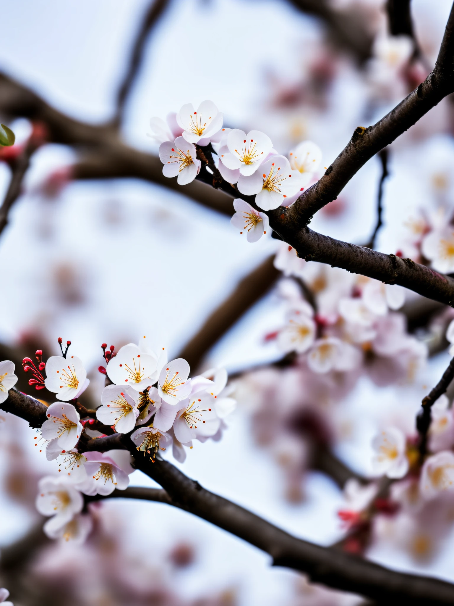 A superb in the cold wind knows the white plum blossoms on the branches near the buds, darkness, dawn, (cold morning: 1.1), (morning dew: 1.15), realistic photography, (low-key photo: 1.2), detail, 8k, intricate folded cicada wings, water droplets and ice crystals on the body, (to8contrast style), (mist: 0.7), bright colors, Sony a6600 Mirrorless Camera, embellish2