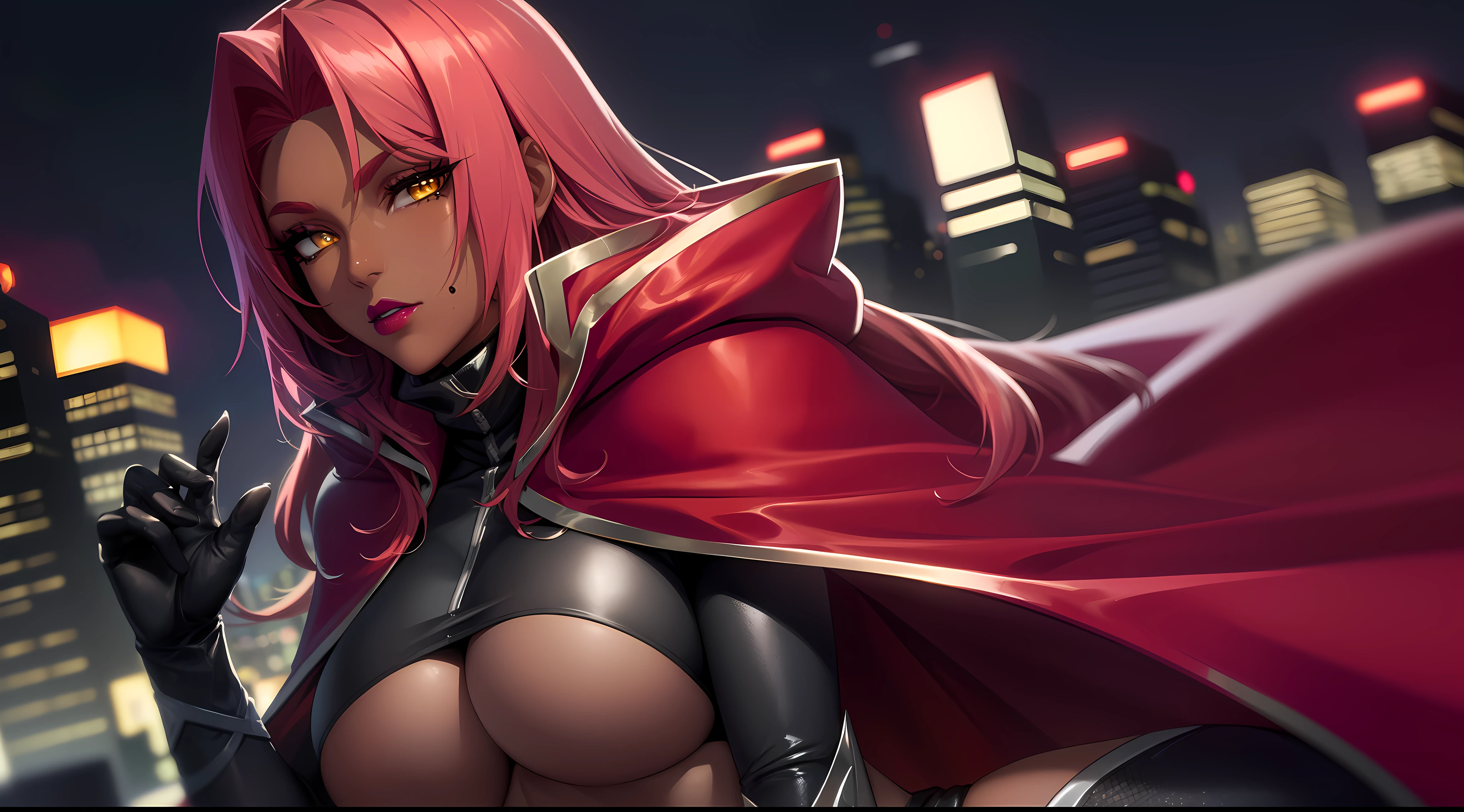 (highres, high quality:1.2), intricate details, cinematic lighting, sharp focus, depth of field, Ingrid, 1girl, mature female, (dark-skinned female:1.1), dark skin, ((close-up face)), (looking at viewer, cityscape, night, city light, determined, pink red hair, very long hair, hair intakes, makeup, lipstick, (mole under mouth:0.8), eyelashes, yellow eyes, detailed face, helloutfit, red cape, black (turtleneck:1.1), (underboob:1.1), black elbow gloves, (coattails:1.1), revealing clothes, center opening, (multicolored clothes:1.1) midriff, natural large breasts,