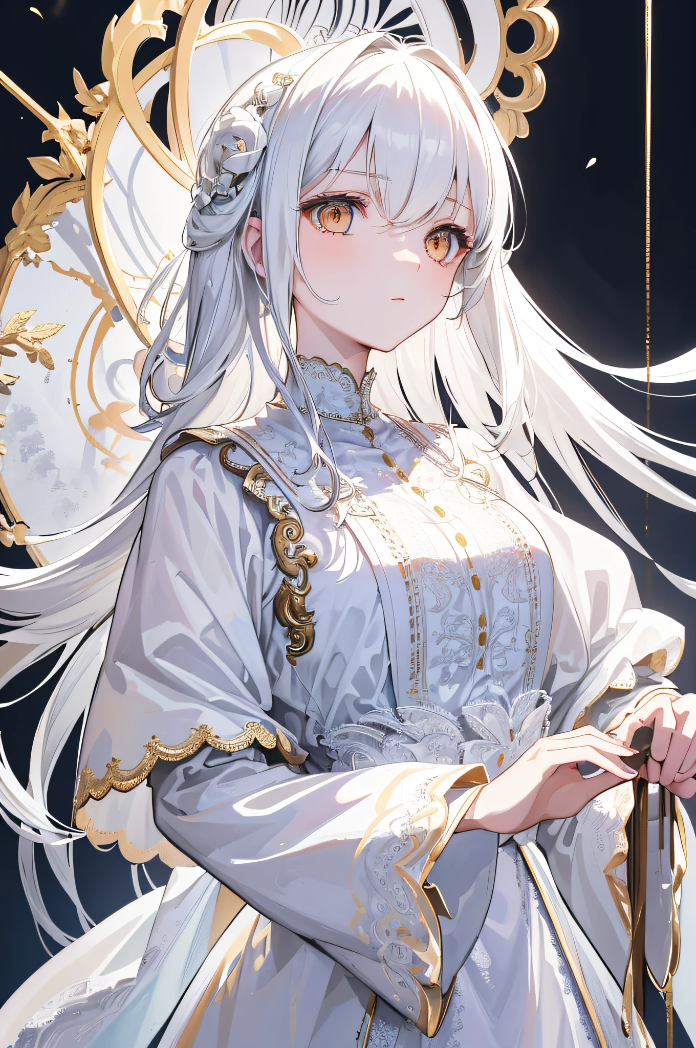 (Extremely delicate, masterpiece, excellent light and shadow, 8K HD wallpaper), white hair, golden eyes, white clothes intermittently translucent, looking up at the upper body, lace hair accessories, fair and rosy skin, waist tie, side braid swing.