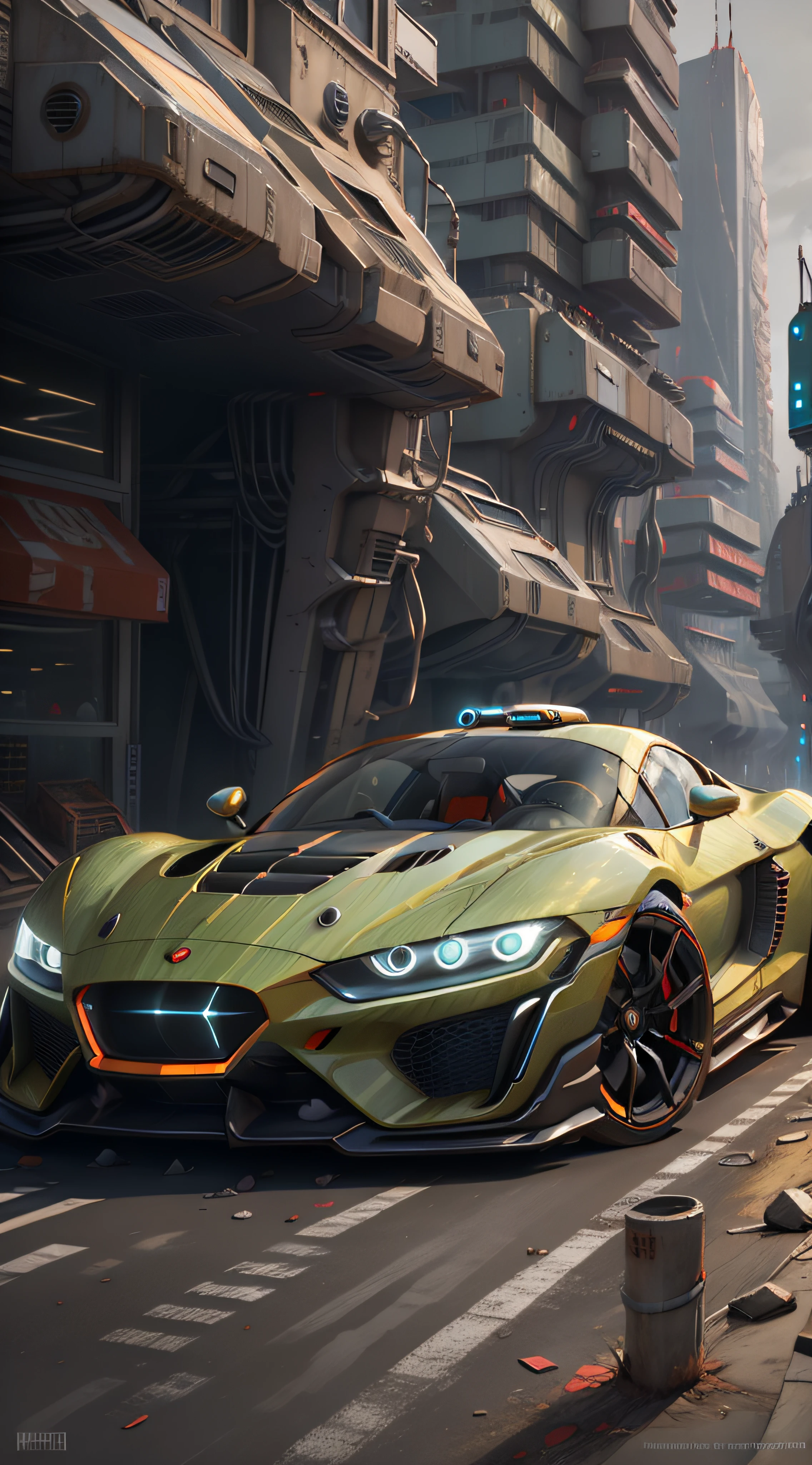 A futuristic sports car on the street of a futuristic city