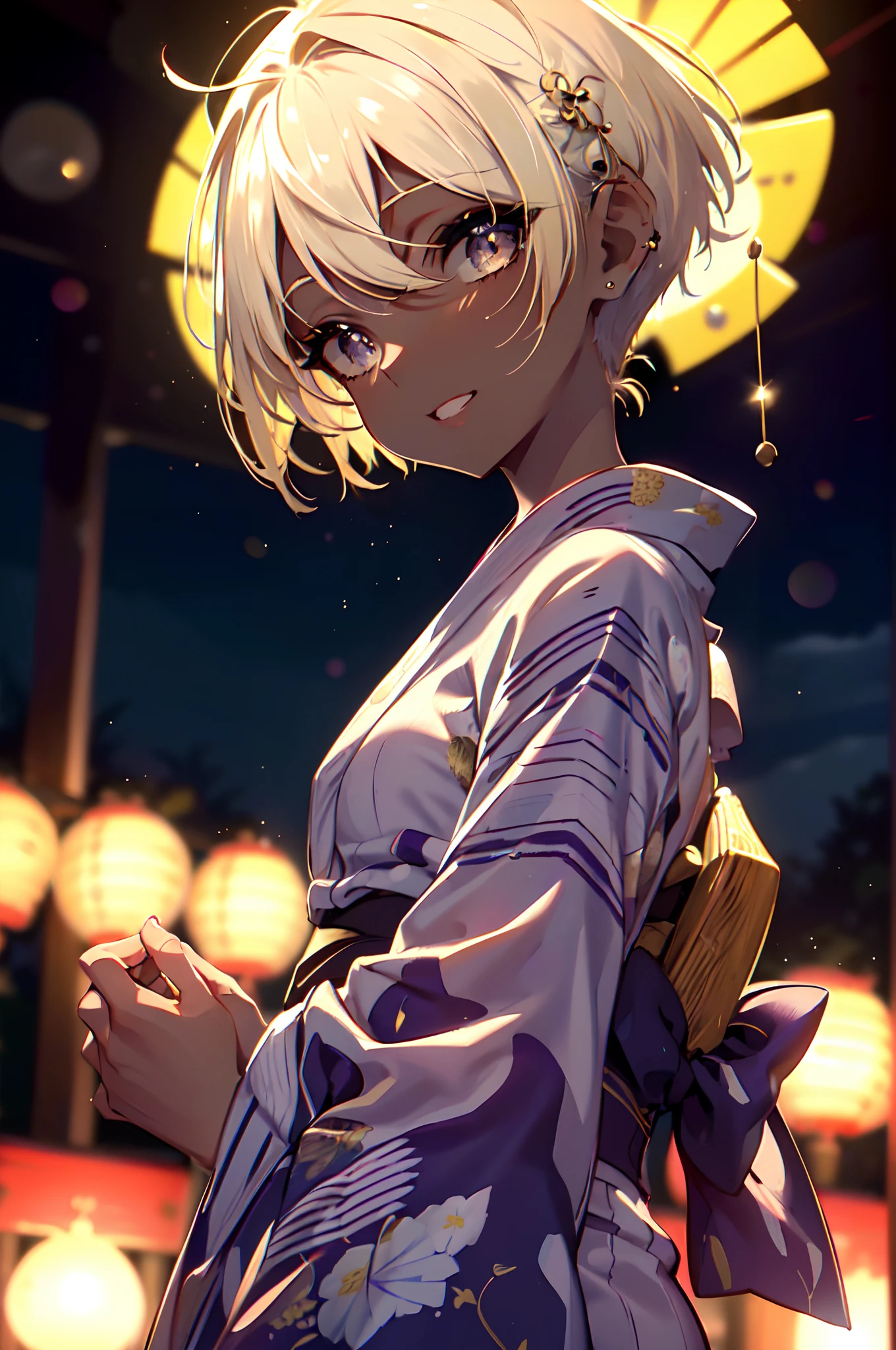 Top quality, incredibly beautiful, very delicate 8k wallpaper, Transcendently Beautiful Girl, (masterpiece face, masterpiece eyes:1.5), (pixie cut hair:1.3), (grin), (blonde hair, short shaved sides, very short back, very short side, under cut, side cut:1.3), (long eyelashes, red lips), (deep skin, dark skin:1.5), choker, piercing, (Huge_breasts, wide_lower back), (five fingers, 4fingers and 1thumb), (yukata:1.5), Summer festival, night,