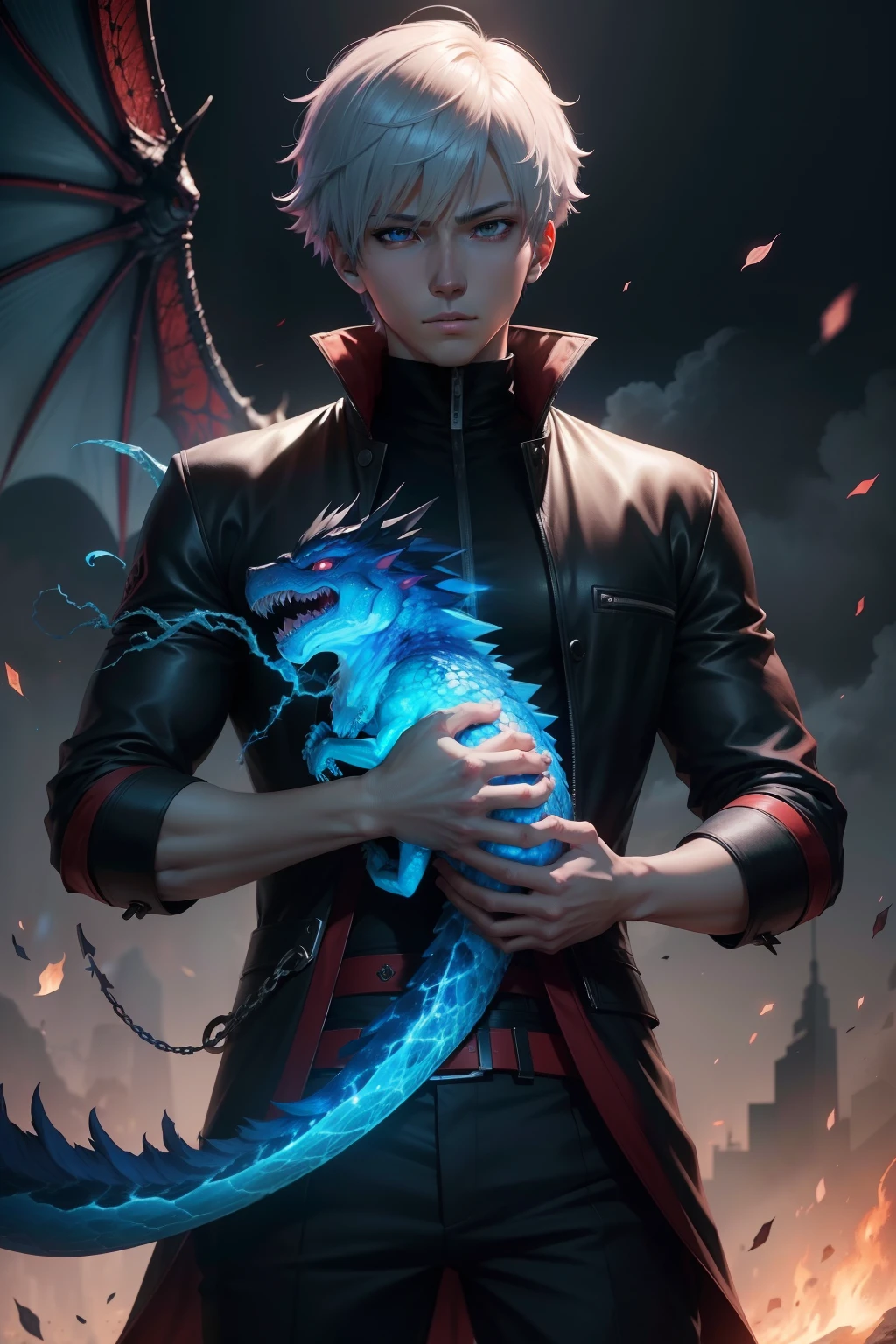 menino anime com cabelos brancos com heterocromia nos olhos, olho direito azul, olho esquerdo cinza,  Holding a dragon, handsome japanese demon boy, kaneki ken, badass anime 8 k, estilo anime 4K, Anime Art Wallpaper 8K, divindade de cabelos brancos, arte de anime digital detalhada, Ken Kaneki, fanart detalhado, Anime Art Wallpaper 4K, Anime Art Wallpaper 4K, estilo anime masculino, 4 k manga wallpaper