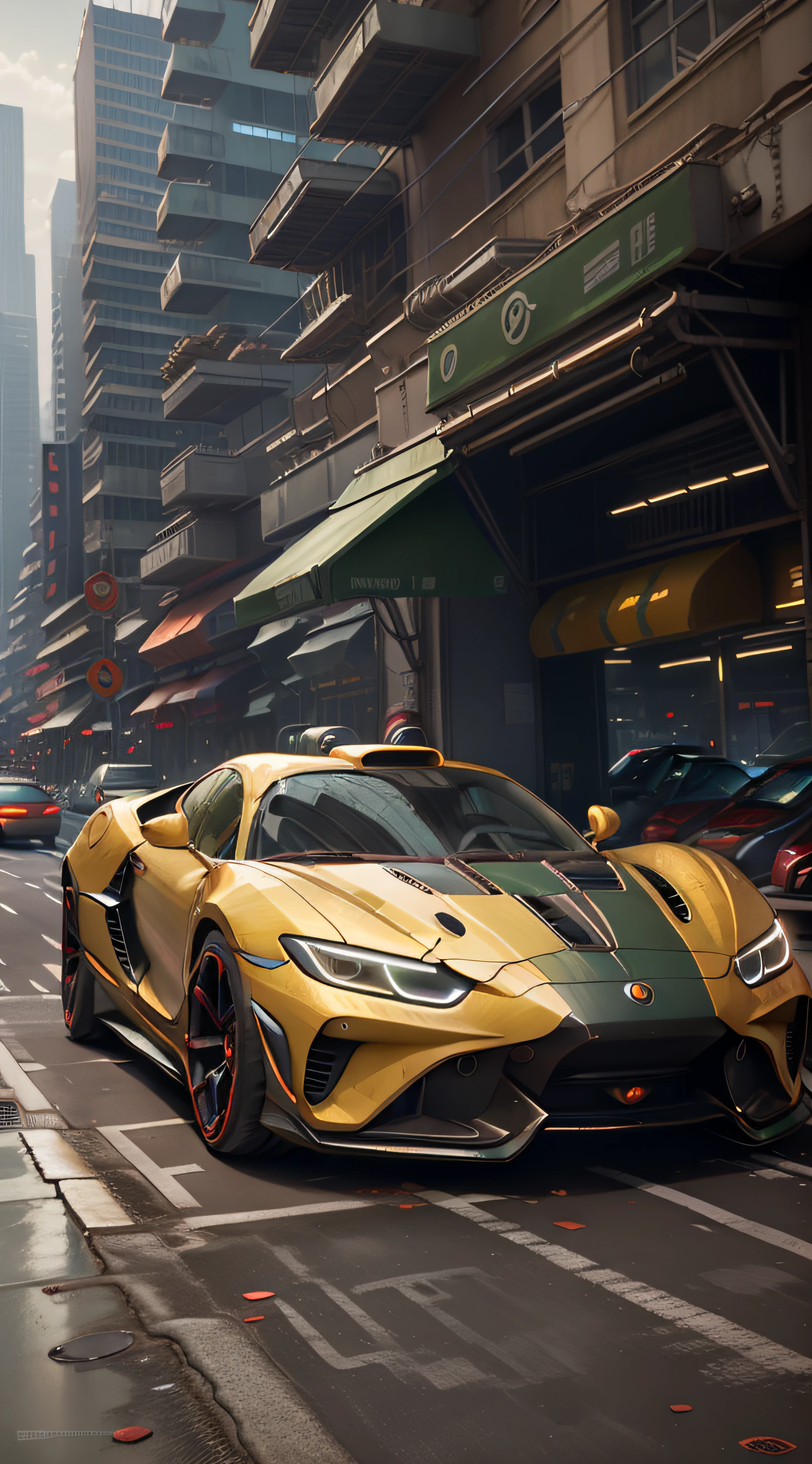 A futuristic sports car on the street of a futuristic city