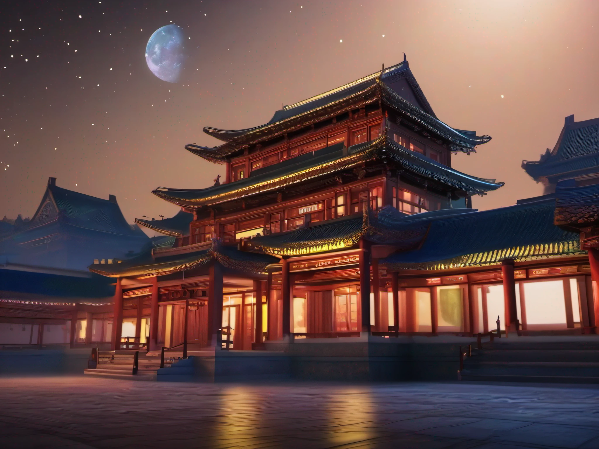 The calm Chinese palace at night flickered with faint lights,In the night sky above is the brilliant Milky Way