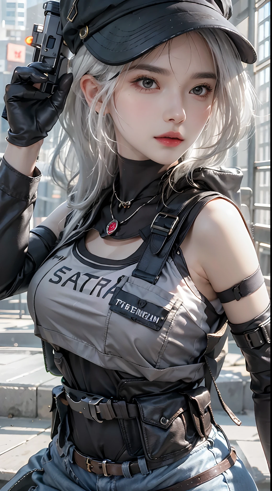 photorealistic, high resolution, 1women, solo, hips up, look at viewer, (detailed face), white hair, swat vest, gun, jewelry