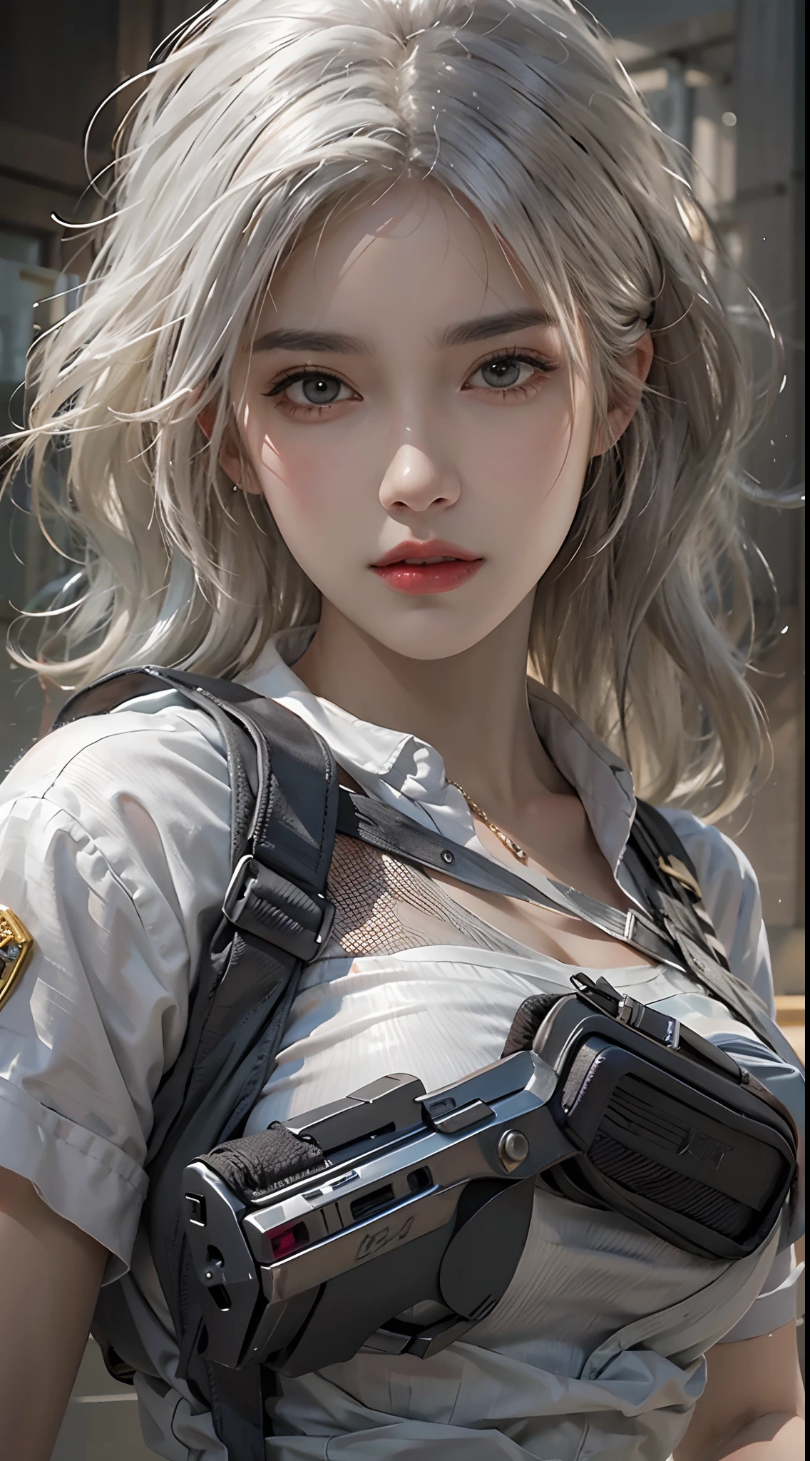 photorealistic, high resolution, 1women, solo, hips up, look at viewer, (detailed face), white hair, swat vest, gun, jewelry