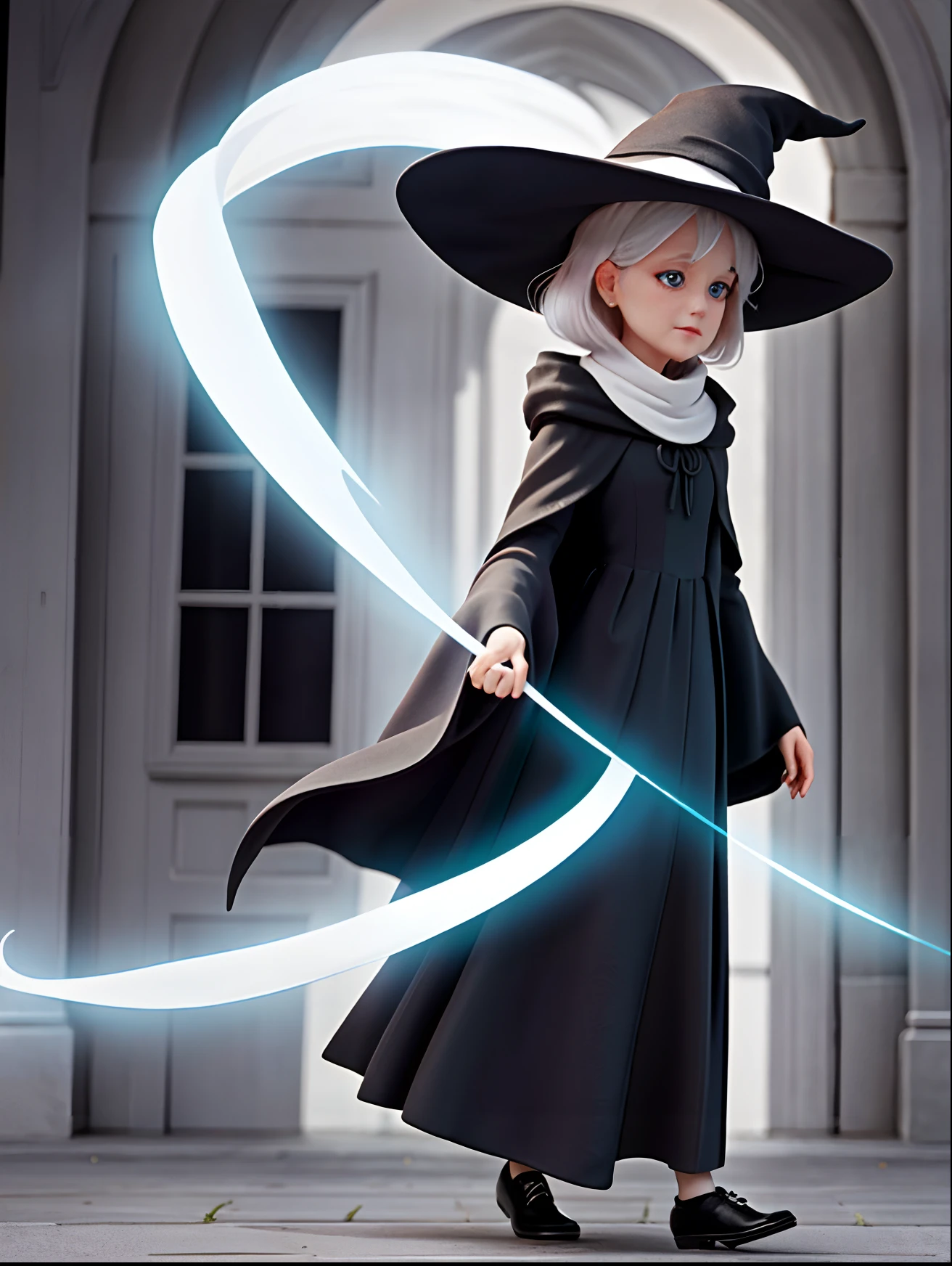 The 70-year-old white-haired witch wears a long black cloak，Long black dress，Black all over