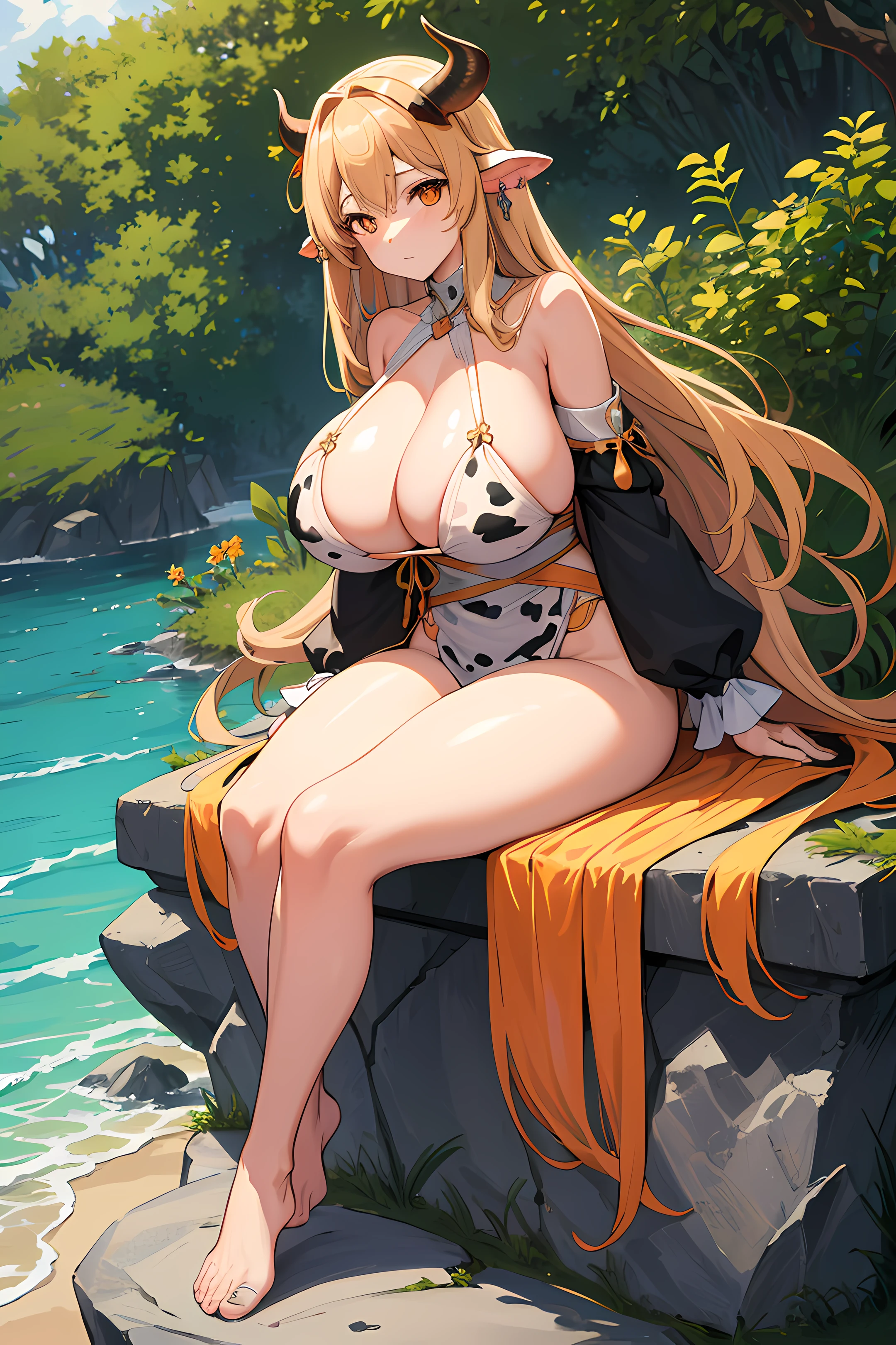 (Ultra Quality,Masterpiece,Ethereal:1.4)nagatiti(Gigantic Breasts:1.6)(hanging breasts: 1.5)(breasts squeeze: 1.3)(bimbo 1.4)(Disproportional Tits: 1.5)(Realism:1.2)(Realisitc:1.2)(Absurdres:1.4)8K,Ultra-Detailed,((Detailed Beautiful Mature Face)), Slutty Expression,Gyaru,Adult Rocks,Coast,(Shore:1.2) (Sitting:1.4)Sitting on Rock,Trees,Plants,(Bush:1.2)Waves(Causting:1.2)(Hyper-Detailed Water:1.1) (Solo:1.4)1Girl(Facing Viewer:1.2)Intricate Body Details(Milf: 1.5)(Curvy:1.3)Average Waist,Thick Thighs,Yuuki Asuna,Honey Blonde Hair[Long Hair](Sidelocks:1.2)cow ears,cow horns,ear tag,haute_couture,see through,Seductive Posture,Sexy Pose,Alluring[[[[intricate-perfect-fingers-on-hands]]]] Perfect-Hyper-Detailed Orange-Eyes,