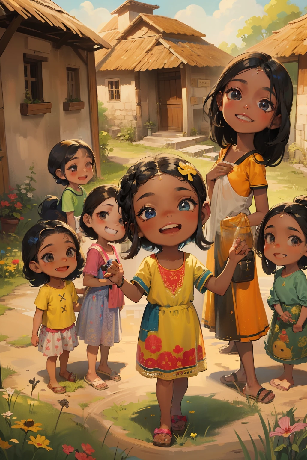 Menina de 4 anos, com cabelo liso e preto abaixo dos ombros, vestida com uma roupa camponesa bem simples, in a village being greeted by smiling villagers, with poses and facial expressions in the style of children's illustrations, de forma simples, fofa e colorida.