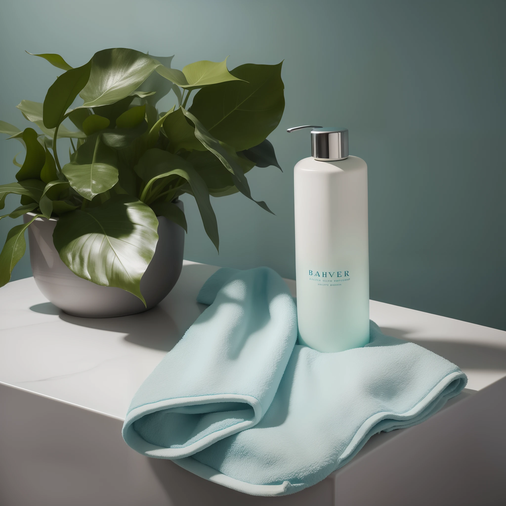 High-definition aesthetic product photography,There was a bottle of shampoo on the bath,Bathroom with teal background,Light blue towel,superior look,Luxury and simplicity , A small number of plant decorations, Natural beauty, high definition detail