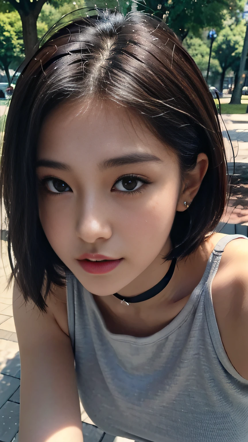 a park、((top-quality、8K、masterpiece:1.3))、a beauty girl、1 female、爆乳:1.3、Slender body type:1.1、Crying:1.4、blac hair、Bery short hair、Racing Tank Tops、underboob、a miniskirt、Damaged denim mini skirt、a choker、hyperdetailed face、Detailed lips、A detailed eye、二重まぶた、