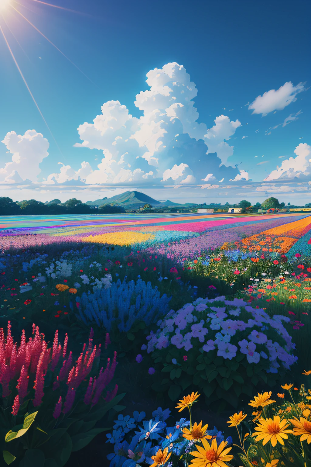 vibrant blue tinted colors, skyscraper, highly saturated colors, Fujifilm Fujichrome Provia 100F film, flower field, purity and dreamy symbolism, (muted colors:1.2), (photon mapping), octane render + hyper realistic, storage, (8k), hdr, sunny,