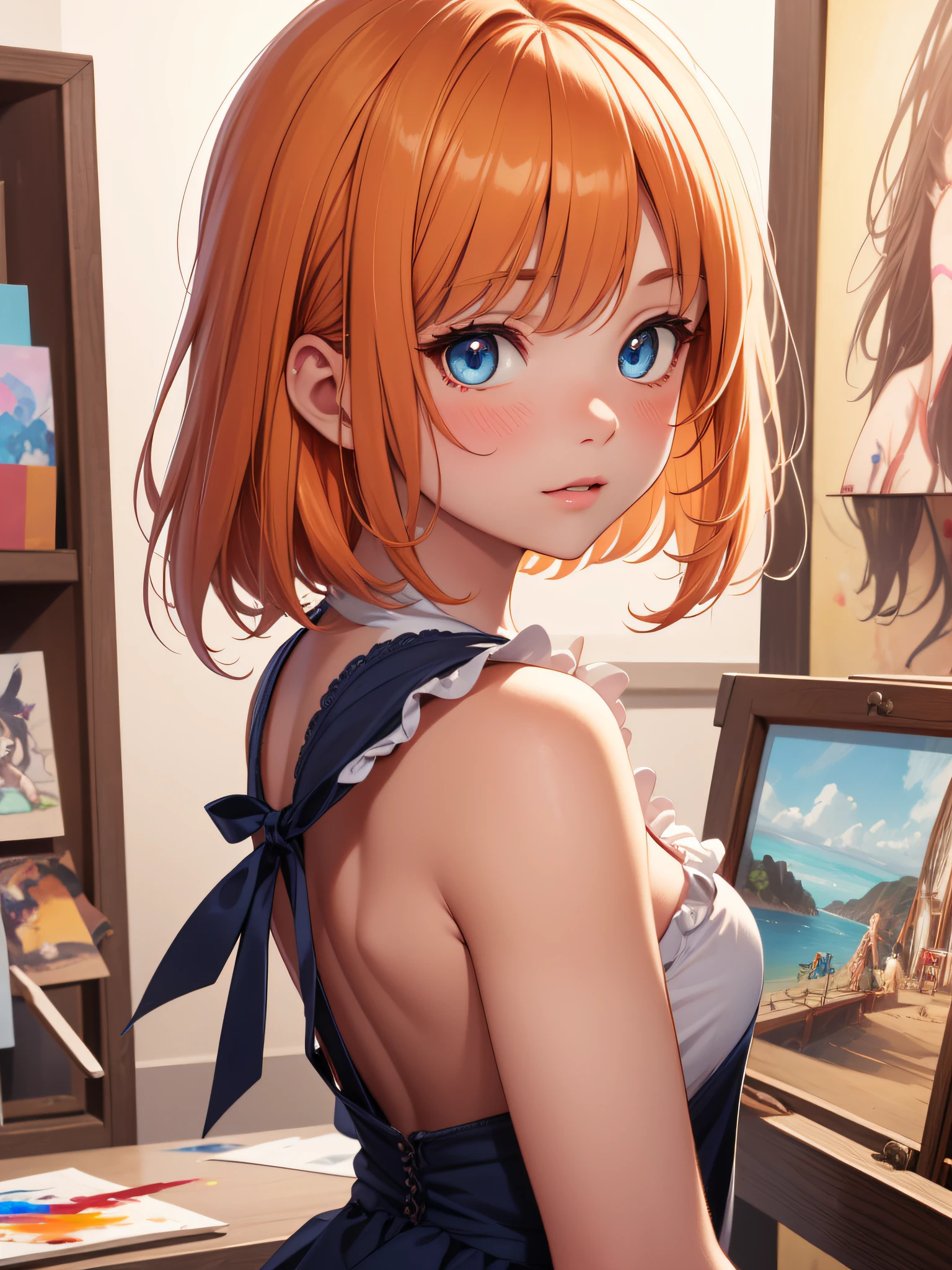 Top quality ultra-detailed CG art、bunnygirl：１.２）orange head、Glossy hair、smooth hair、large blue eyes,Mid summer、Delicate body、cheerful girl、Tying hair、bob cuts、Art Room、paint、bunnygirl、red blush、Artistry、Ecchi Model、pinafore、backs、