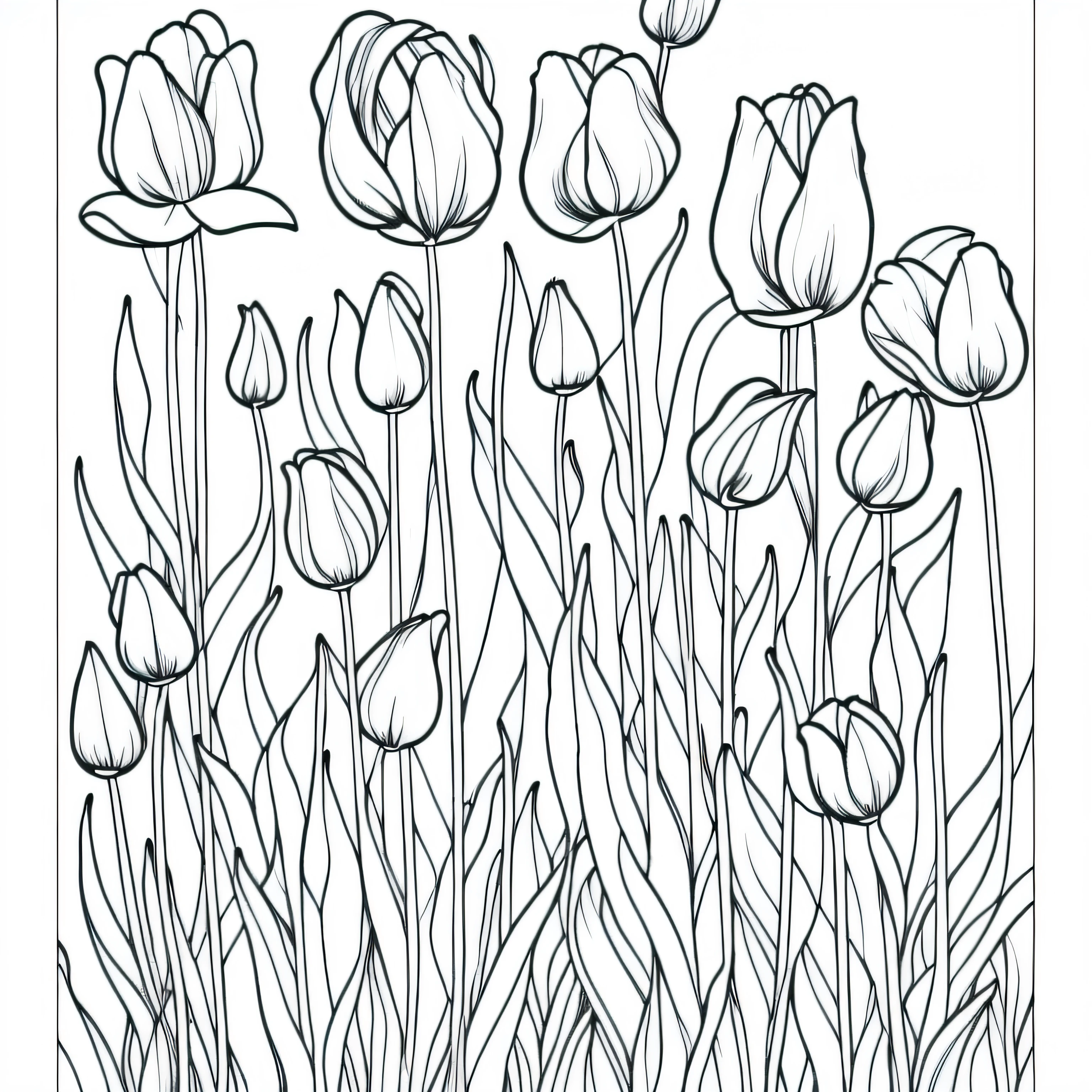(Monochrome images:1.3)、(Tulip Coloring Book:1.3)、It features a simple、Draw with outline
