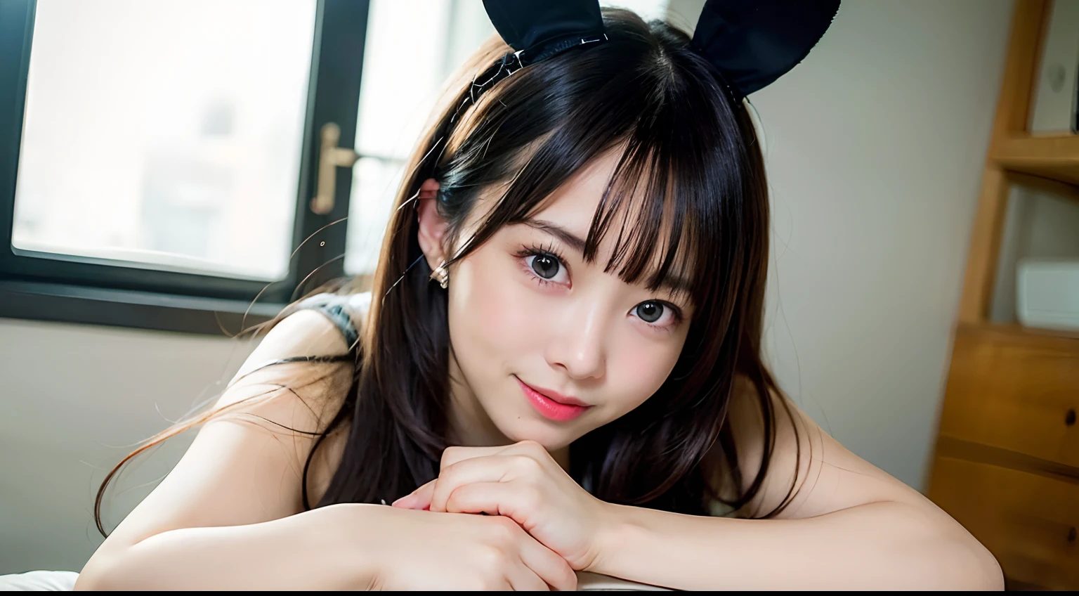 (RAW Photography:1.2)、top-quality、a beautiful detailed girl、(bunnygirl)、a smile、extremely detailed eye and face、beatiful detailed eyes、huge filesize、hight resolution、hight resolution、8k wallpaper、finely detail、Highly detailed ticker uniform 8k wallpaper、Light on the face、电影灯光、16-year-old girl、sexy  pose、(photorealisim:1.4)、illustratio、surrealism、 frombelow、super detailing、​masterpiece、a playboy bunny、fishnets pantyhose、Lying in bed