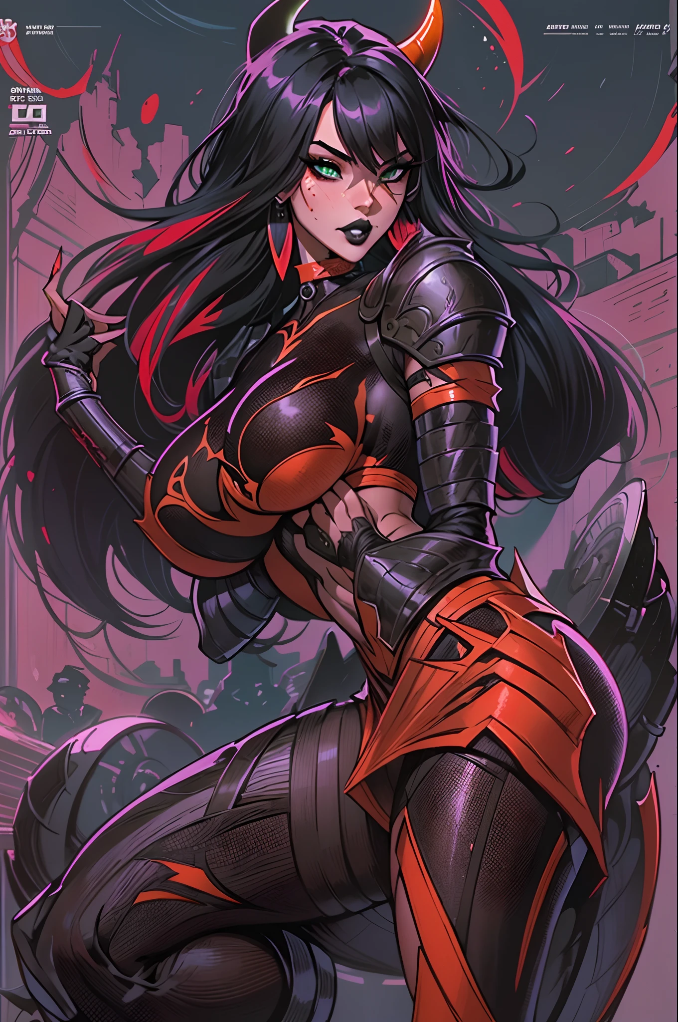 red skinned she devil, (red skin:1.4), long black hair with a fringe, green eyes, black lipstick, fully , sweaty, black choker, medium boobs, red horns, semi muscular arms, slim body, thick thighs (mature face:1.4), chengwei pan on artstation, by Yang J, detailed fantasy art, stunning character art, fanart best artstation, epic exquisite character art, beautiful armor, extremely detailed artgerm, detailed digital anime art, artgerm on artstation pixiv, armor woman, (magazine:1.3), (cover-style:1.3), fashionable, woman, vibrant, outfit, posing, front, colorful, dynamic, background, elements, confident, expression, holding, statement, accessory, majestic, coiled, around, touch, scene, text, cover, bold, attention-grabbing, title, stylish, font, catchy, headline, larger, striking, modern, trendy, focus, fashion