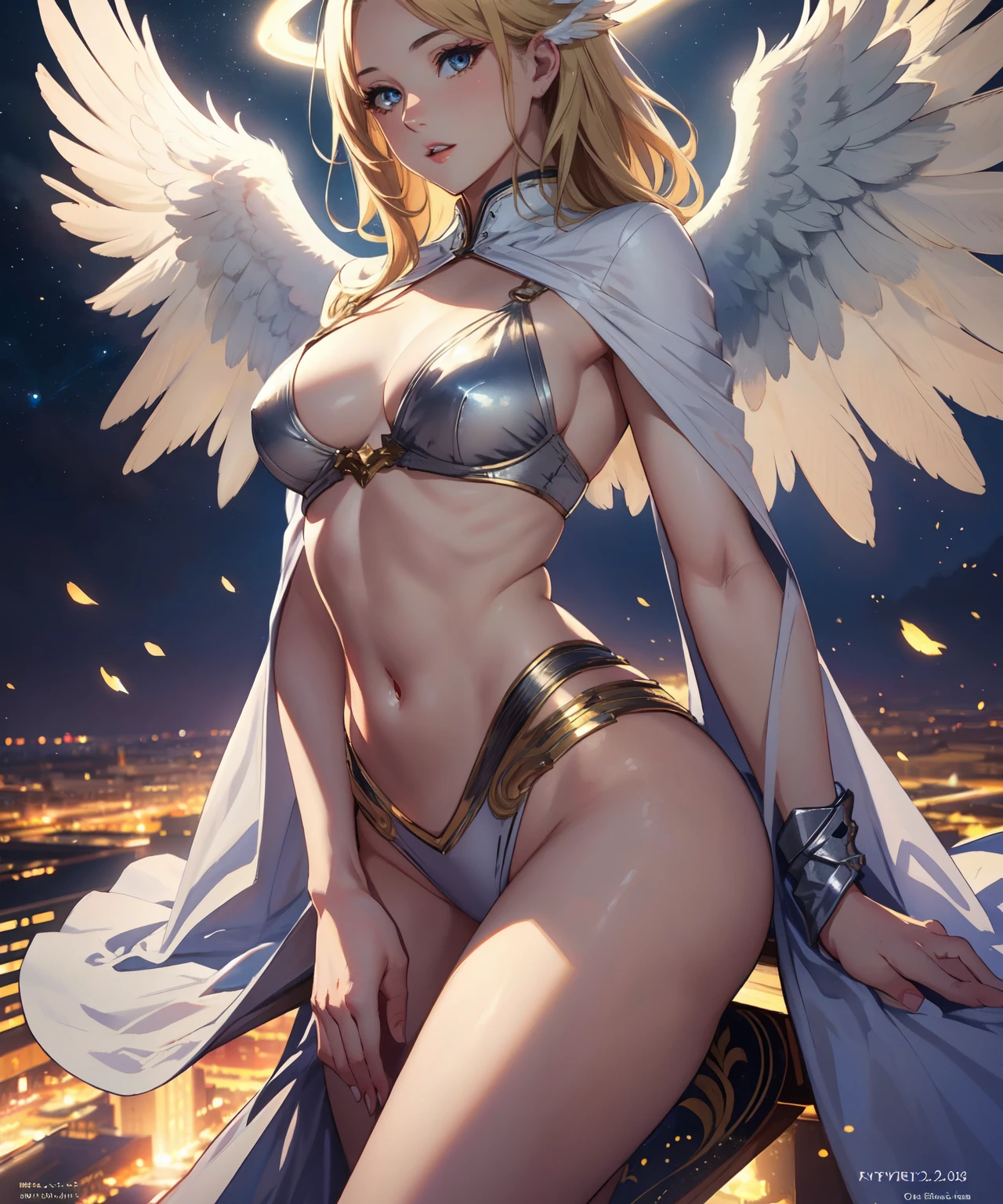 (masterpiece:1.2, best quality), photorealistic, (hyperrealistic:1.2), beautiful, a 23yo woman, angel, halo, angel wings, blonde hair, beautiful detailed eyes, angelic robes, (perfect anatomy), nice thighs, textured skin, flying, night sky, cool lighting, in heaven