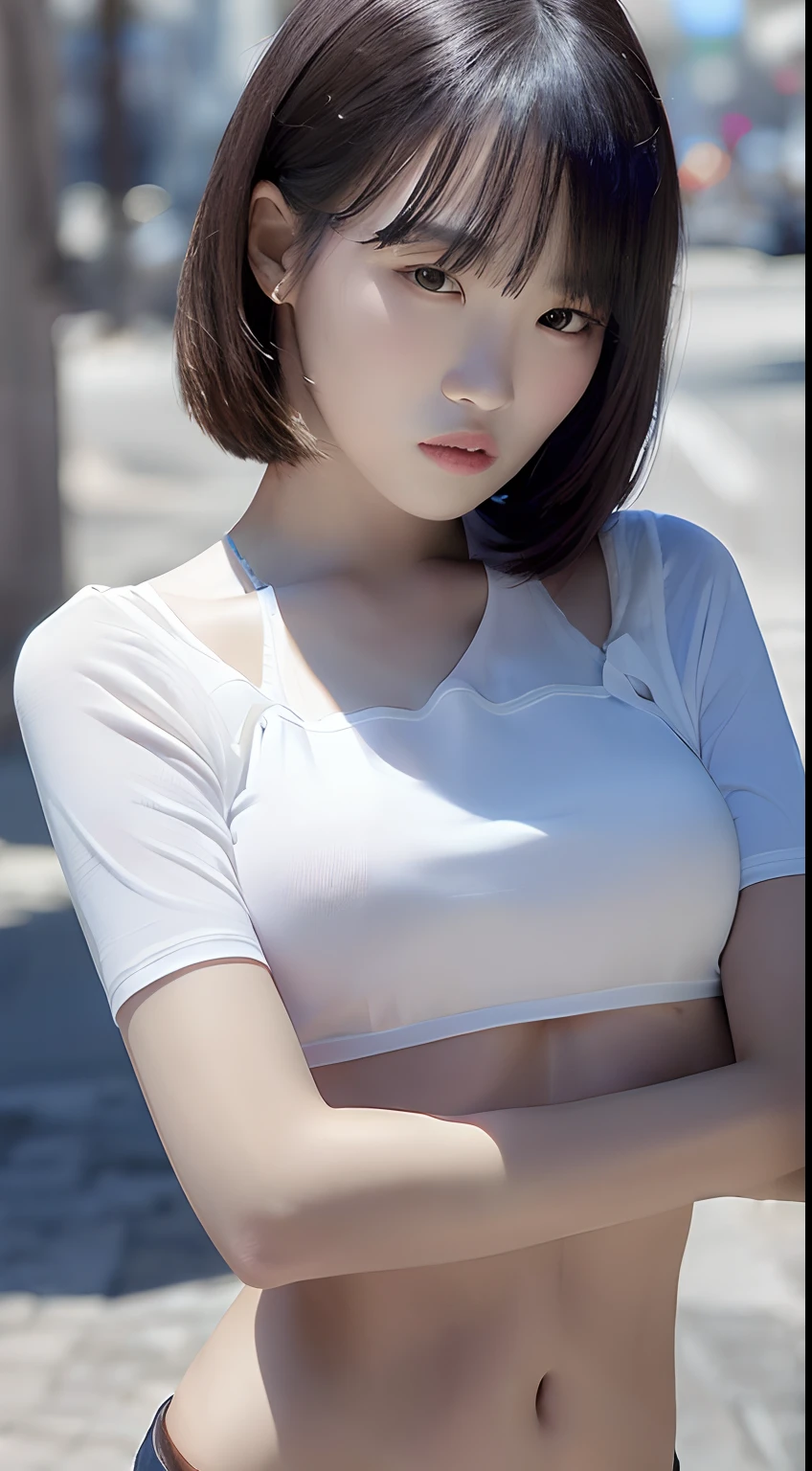 ((Boutique 8K Brilliant: 1.3)), Sharp Lens: 1.2, Perfect Body Beauty: 1.4, Slim Abs: 1.2, ((Layered Hairstyle: 1.2)), (White Short Sleeve Shirt), (medium Breasts, Street: 1.2), Detailed Face and Skin Texture, Delicate Double Eyelids, Carefully Made Eyes.