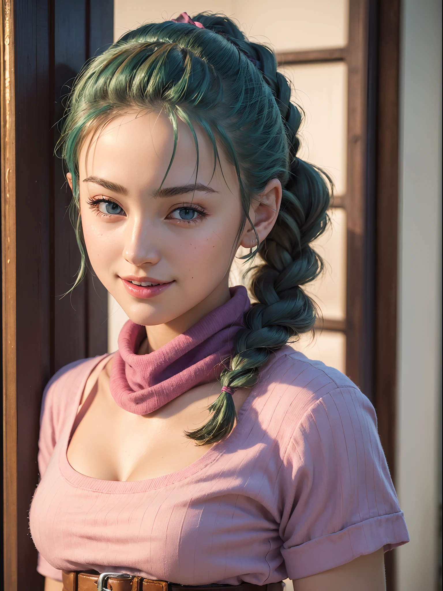 (masterpiece, best quality:1.4), (close up:1.5), 1girl, solo, looking at viewer, beautifull smile, big smile, (european youth:1), dragon ball, blmpony, (aqua hair:1), hair ribbon, braided ponytail, pink shirt, belt, scarf, pink skirt, clothes writing, brown gloves, medium breasts, solo, beautiful face, highly detailed face, highly detailed skin, highly detailed eyes, skin pores, subsurface scattering, realistic pupils, medium breast, full face blush, full lips, detailed background, depth of field, volumetric lighting, sharp focus, absurdres, realistic proportions, good anatomy, (realistic, hyperrealistic:1.4), 16k hdr,