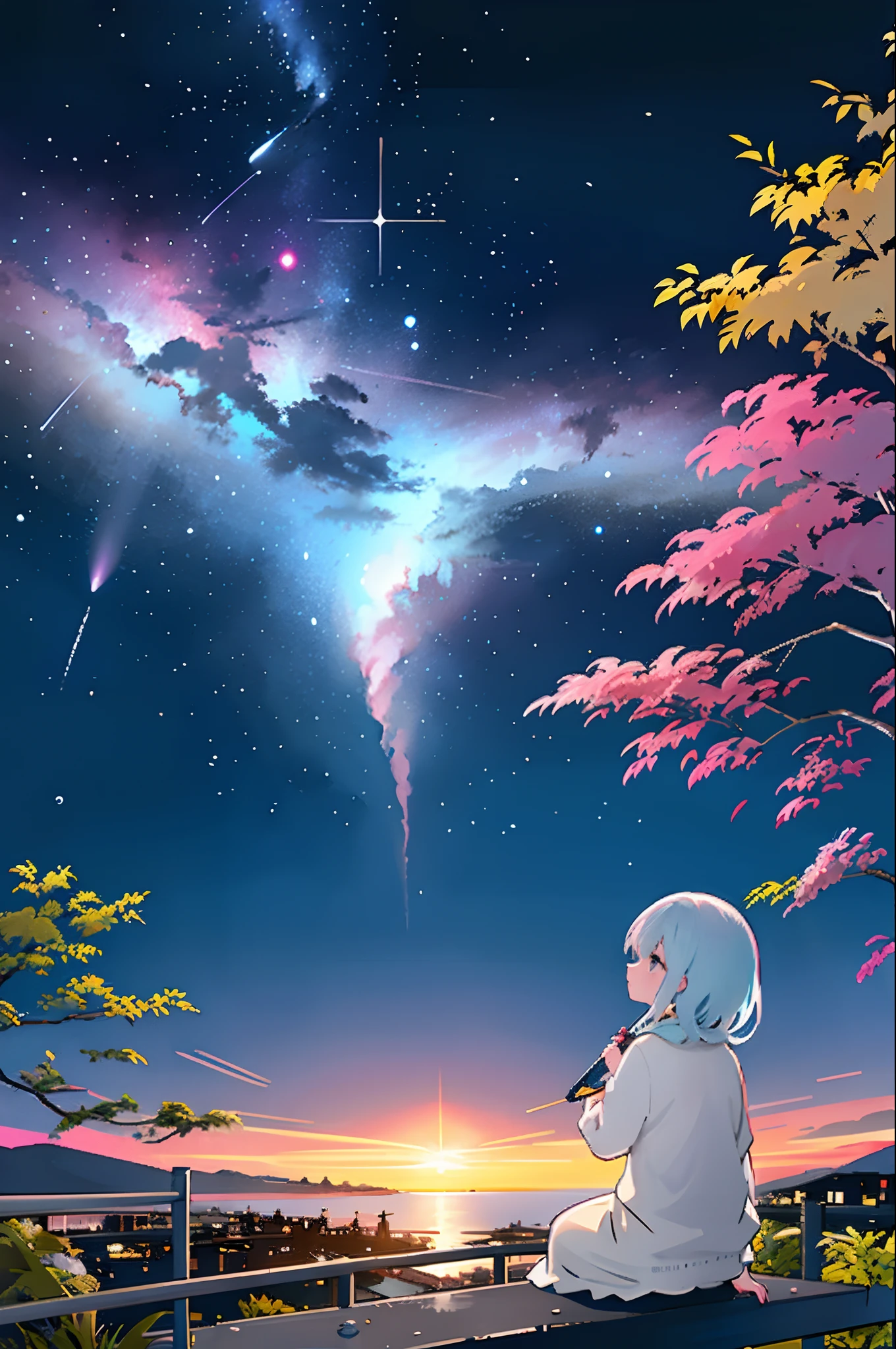 octans、Skysky、stele(Skysky)、landscapes、starrysky、natta、only child、nigh sky、独奏、plein air、Signature、buliding、clouds、milkyway、sitting on、The tree、length hair、street、silhuette、A city scape、wanting、1 girl in、delicate