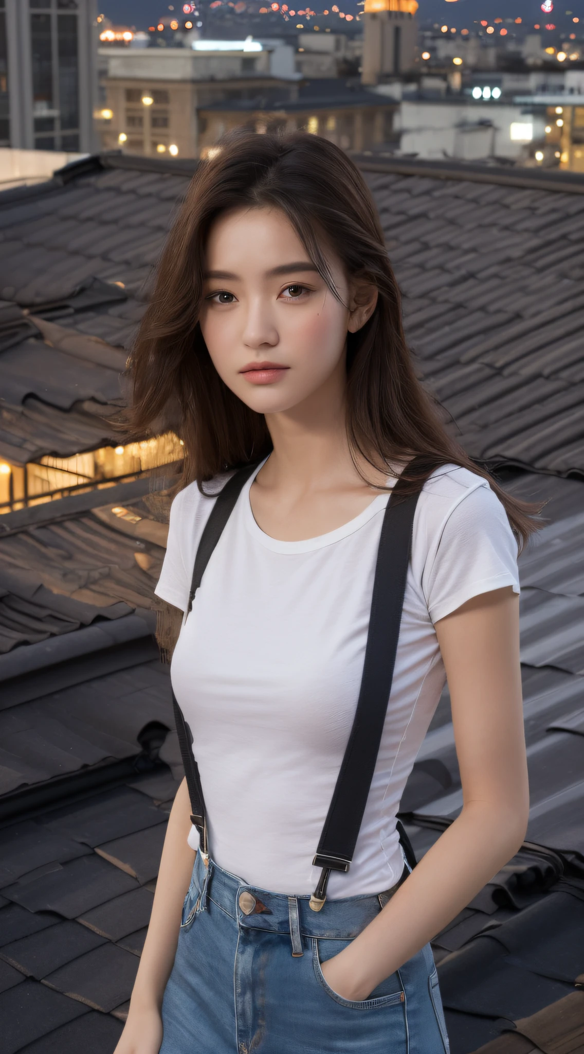 ((midynight, Need, 8k, tmasterpiece:1.3)), full bodyesbian, Long legs, Focalors:1.2, perfect figure beautiful woman:1.4, Slim abs:1.1, ((Dark brown hair, huge tit:1.2 )), (white tight t-shirt, Denim suspenders, standing on your feet:1.2), ((city night scene, the roof:1.3)), Highly detailed facial and skin texture, A detailed eye, 二重まぶた（Age of 18 years）