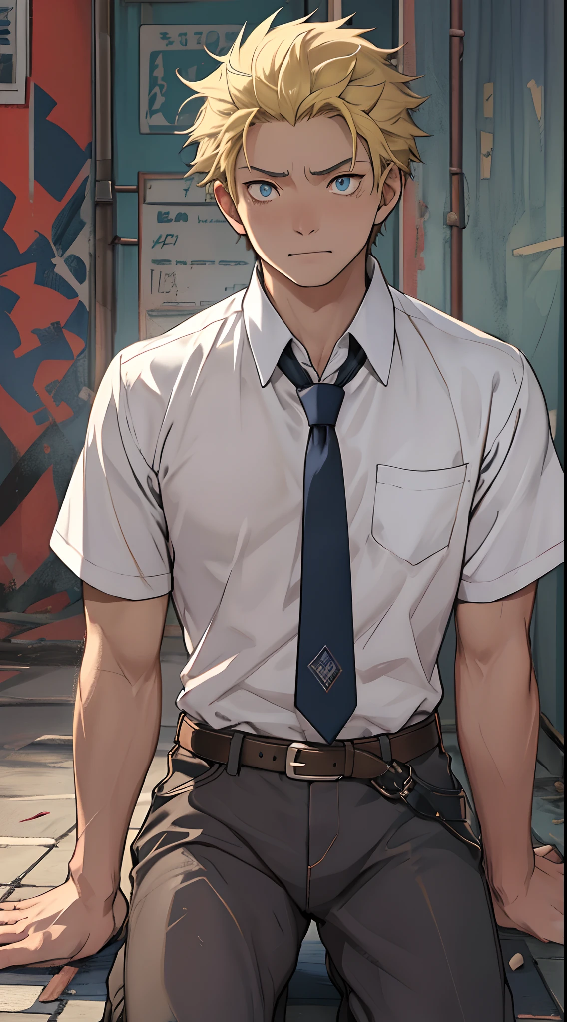 (1 Adult male),A high resolution, Sharp focus, Pixiv masterpiece, ((Complicated details)), highly detailed, natsuki_subaru, 1 man,Defeat, crestfallen,full bodyesbian,kneels on the ground, (A gesture of pleading),blue color eyes(eyes glowing), Short yellow hair,white shirt,Wear a tie,Wear a belt,perspire,look from down