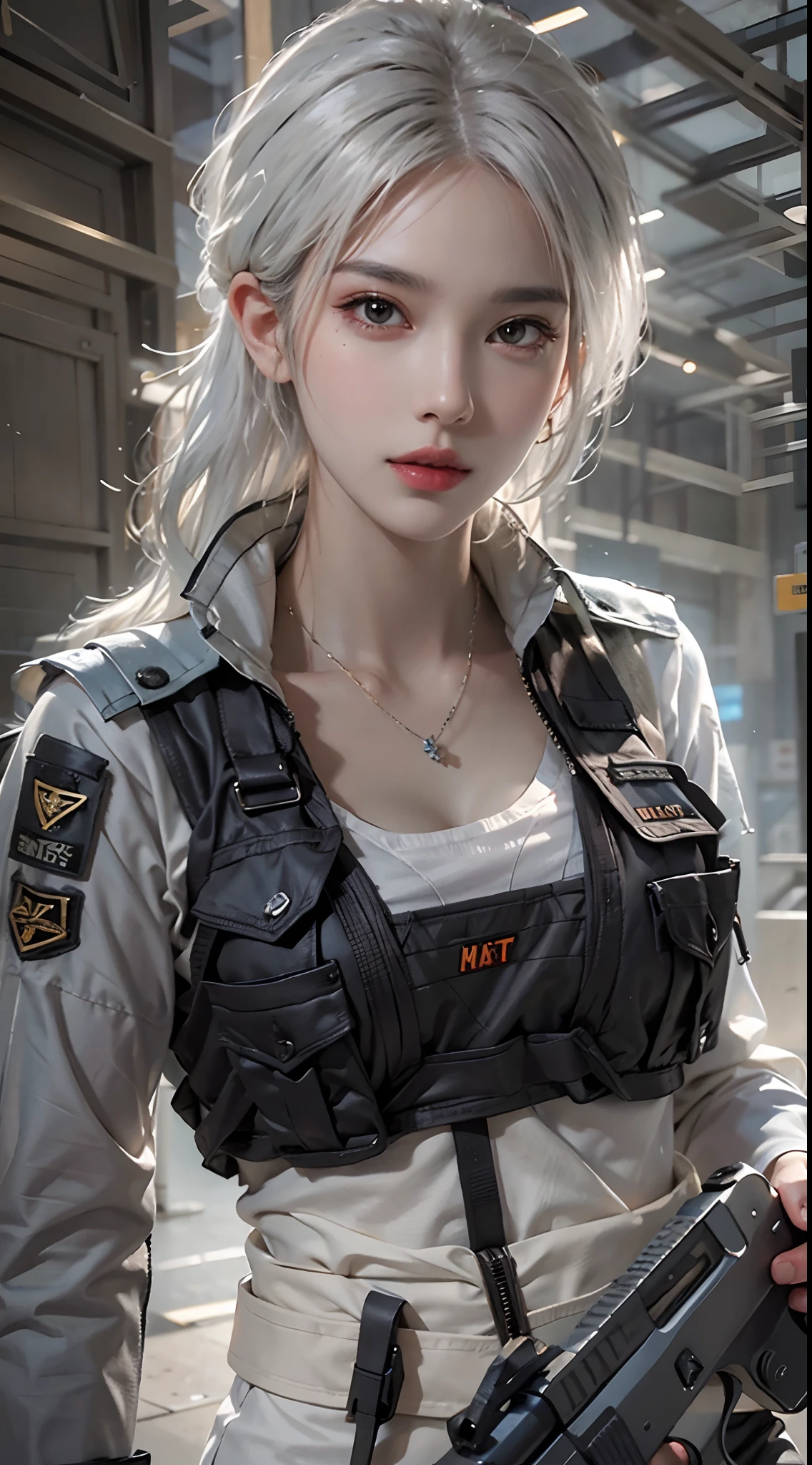 photorealistic, high resolution, 1women, solo, hips up, look at viewer, (detailed face), white hair, swat vest, gun, jewelry