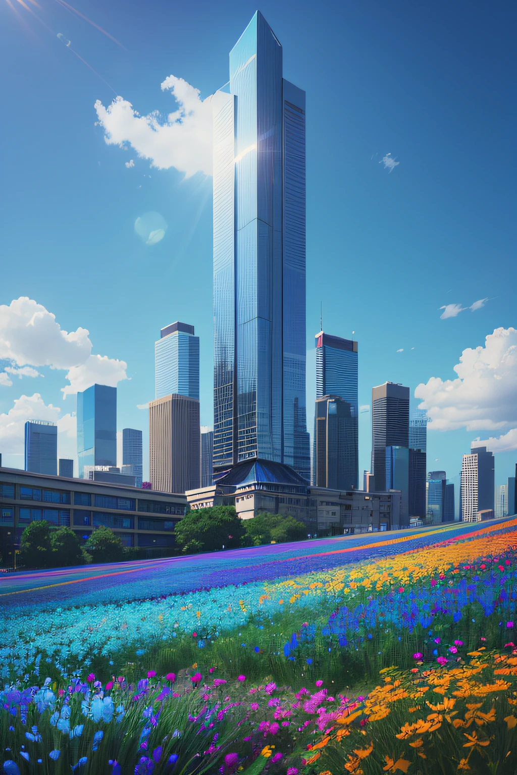 vibrant blue tinted colors, skyscraper, highly saturated colors, Fujifilm Fujichrome Provia 100F film, flower field, purity and dreamy symbolism, (muted colors:1.2), (photon mapping), octane render + hyper realistic, storage, (8k), hdr, sunny,