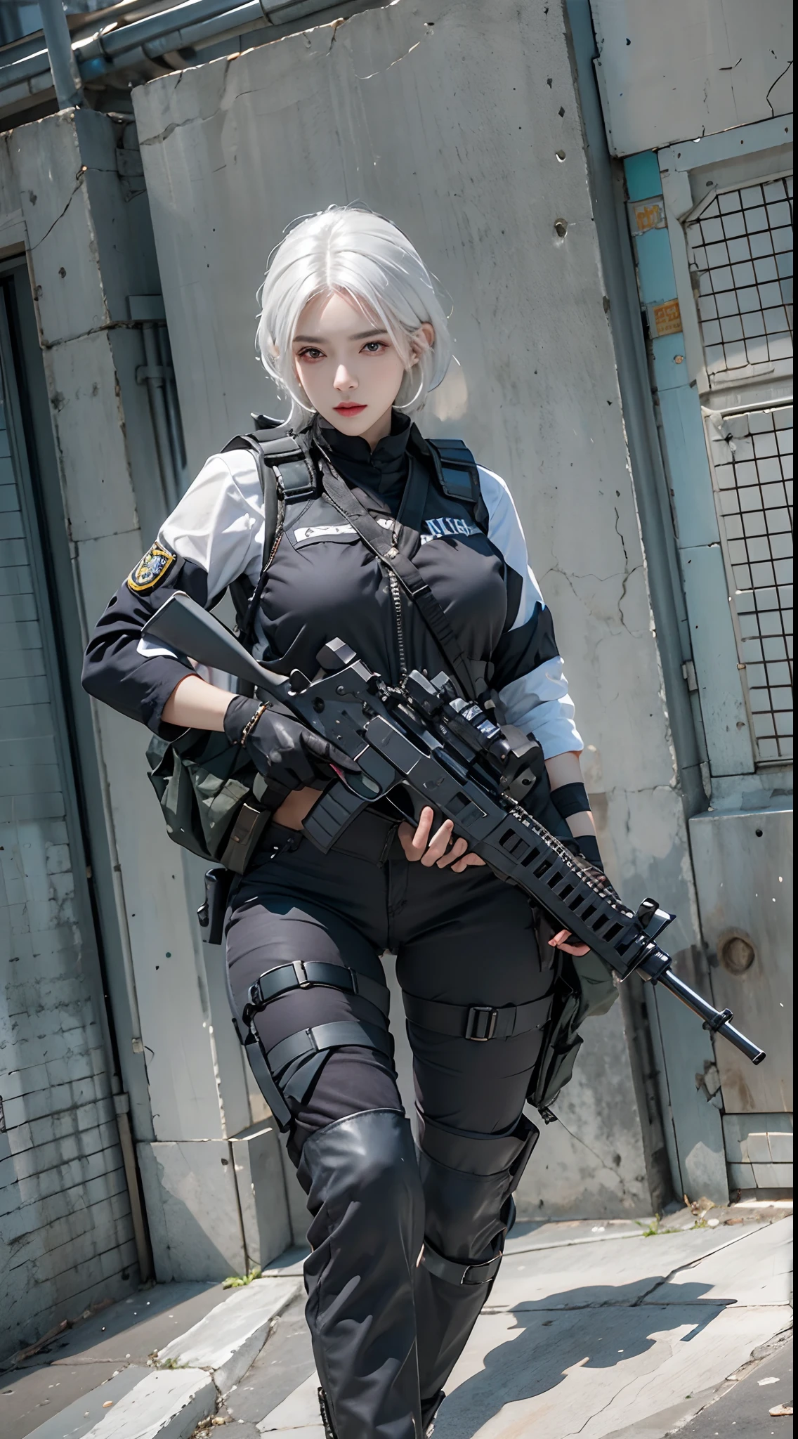 photorealistic, high resolution, 1women, solo, hips up, look at viewer, (detailed face), white hair, swat vest, gun, jewelry