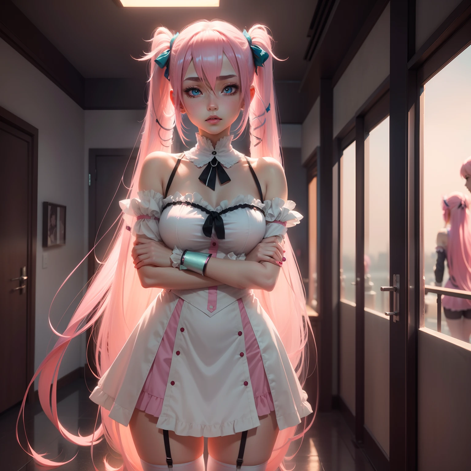 Beautuful Women, underage, white stockings, pink hair, twintails, very long hair, hairpin, aqua eyes, anime, modern, cinematic lighting, pov, masterpiece, UHD, textured skin, best quality