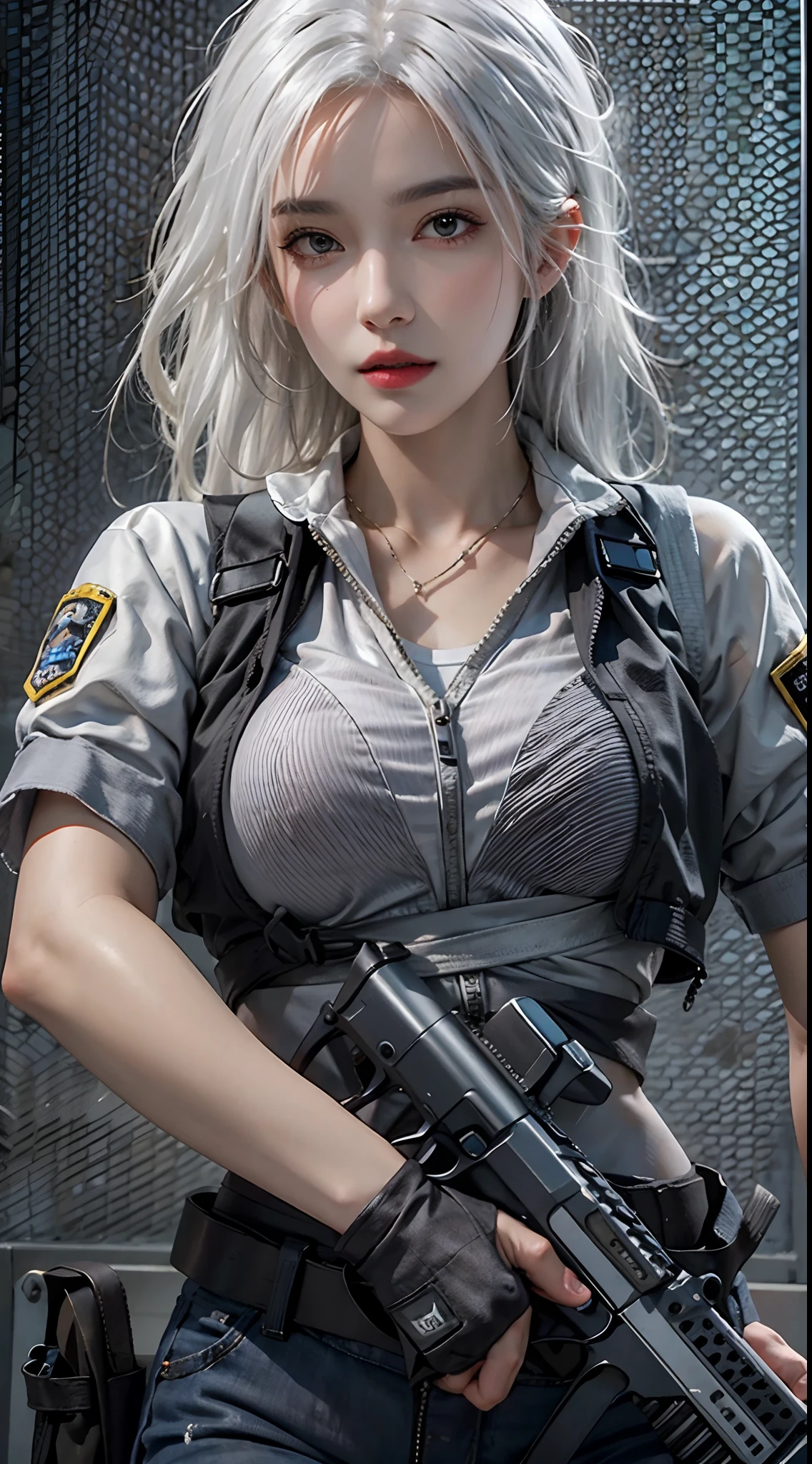 photorealistic, high resolution, 1women, solo, hips up, look at viewer, (detailed face), white hair, swat vest, gun, jewelry