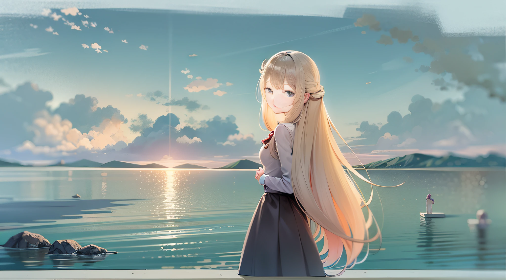 high qulity，Long-haired girl standing by the lake，Hair soars，The girl is on the right side of the picture