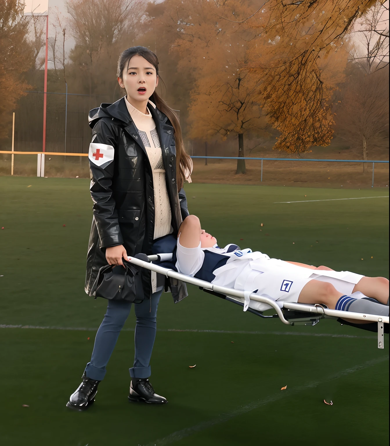 there is a sportsman in matte cotton sportswear lying injured on a stretcher, there is an injured sportsman in matte cotton sportswear who is covering his face on a stretcher, an injured sportsman in matte cotton sportswear is covering his face with his hands, an injured sportsman is lying on a stretcher with his covered face to the left and his feet and legs to the right, dramatic pity pose, there is a pretty schoolgirl in a high-shine leather coat, a high-shine black leather coat, a long black uniform leather coat, a wetlook down coat, a wet black laquered coat, a very pretty schoolgirl is wearing a wetlook black uniform, injured, female medic, soccer action pose, affection pose, lecherous action pose, dramatic action pose, theatralic pose, there is an attractive but very very shocked looking schoolgirl that is carrying a soccer player in matte cotton sportswear, there is a beautiful young girl in a shiny coat who is carrying a blond man with an arm over his face on a stretcher, a longhaired pretty schoolgirl in a high-shine black leather coat, a longhaired girl in a shiny downcoat, a young girl is carrying a shorthaired man who is wearing matte cotton sportswear, a weak man in in matte cotton sportswear is consciousless and needs to be carried, a shorthaired man with an arm put over his agonised face is carried away on a stretcher by a  young girl, the horny girl looks very scared and terrified, a consciousless man with an arm put over his agonised face is suffering very much and has a very painful face, photo, photo shoot, photographed , accident, help, aid, first aid, pity