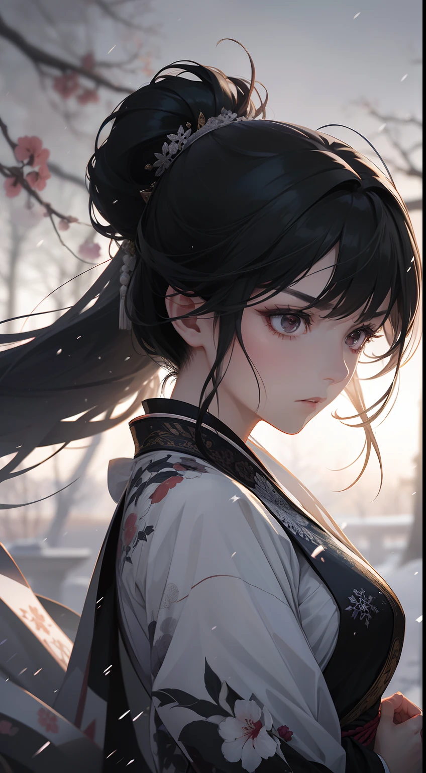 a beauti,Hold a knife in your hand,The knife is in front of you,Gorgeous light gauze Hanfu,Angry expressions,Separate bangs,Raise an eyebrow,Ponytail hairstyle,snowflakes falling,fightingpose,dynamic blur,Plum tree background,Detailed representation,8k