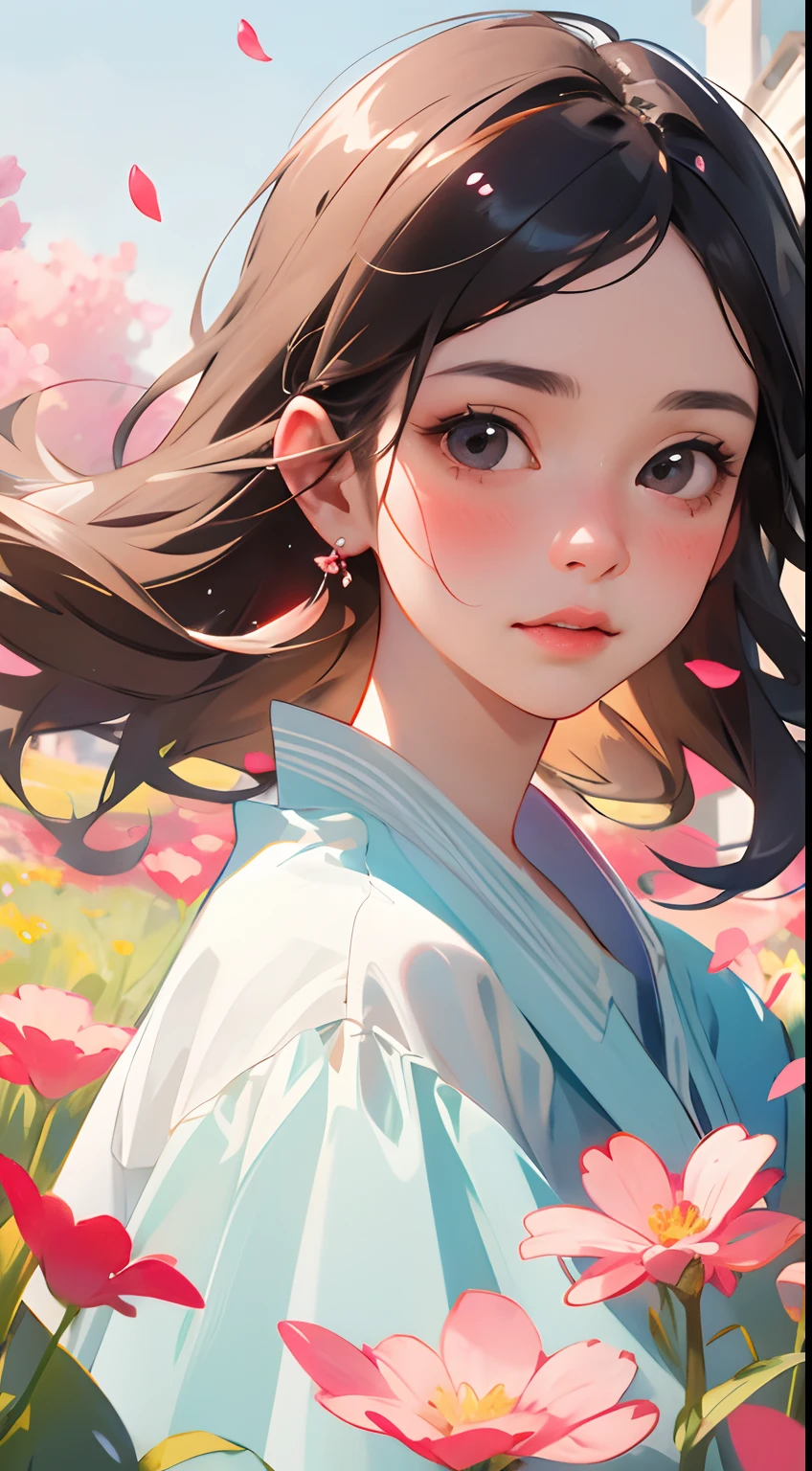 (best quality, masterpiece, ultra-realistic), 1 beautiful and delicate portrait of a girl, playful and cute, with floating petals in the background