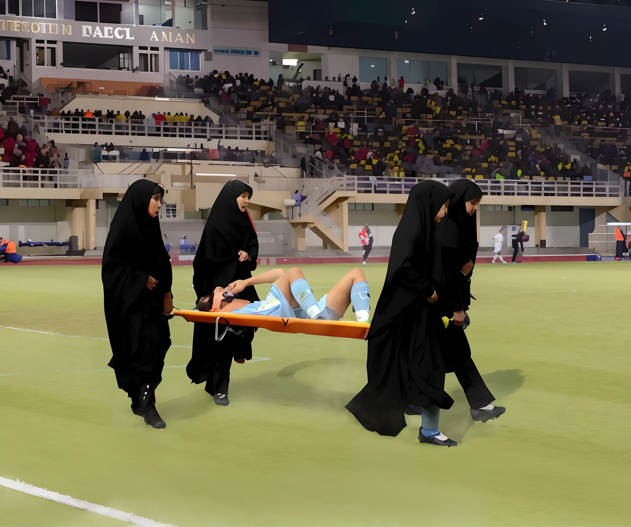 a soccer scene in a sports stadium, cool and wet weather conditions, humide ground, rainy sky, injury scene in a sports stadium, stretcher carry, there are four female medics carrying a stretcher, there are four female medics in very shiny coats who are carrying a stretcher in a sports stadium, there is a wounded male soccer player in a matte short cotton sports outfit lying on the stretcher, an injured male soccer player in matte cotton sportswear is lying in pain on a stretcher, a soccer player in matte cotton sports clothes is rearing up in intense pain while lying on a stretcher, dramatic scene, theatralic posing scene, dramatic pity scene, injury soccer, first aid, help, pity, there are four female medics in wetlook high-shine coats who are looking very sad and very terrified and very shocked, the injured soccer player is screaming out in pain while he is carried from the pitch on a stretcher