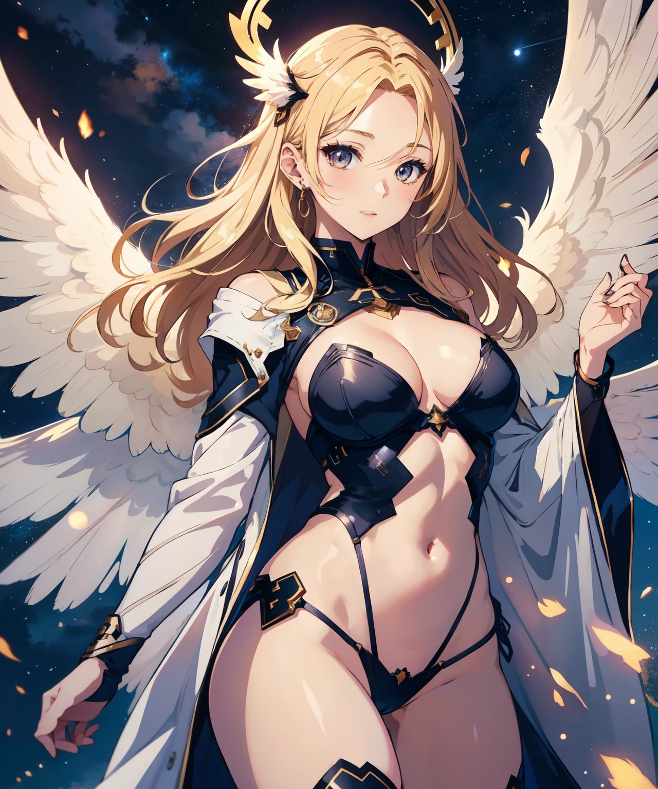 (masterpiece:1.2, best quality), modern anime style, beautiful, a 23yo woman, angel, halo, angel wings, blonde hair, beautiful detailed eyes, angelic robes, (perfect anatomy), nice thighs, textured skin, flying, night sky, cool lighting, in heaven