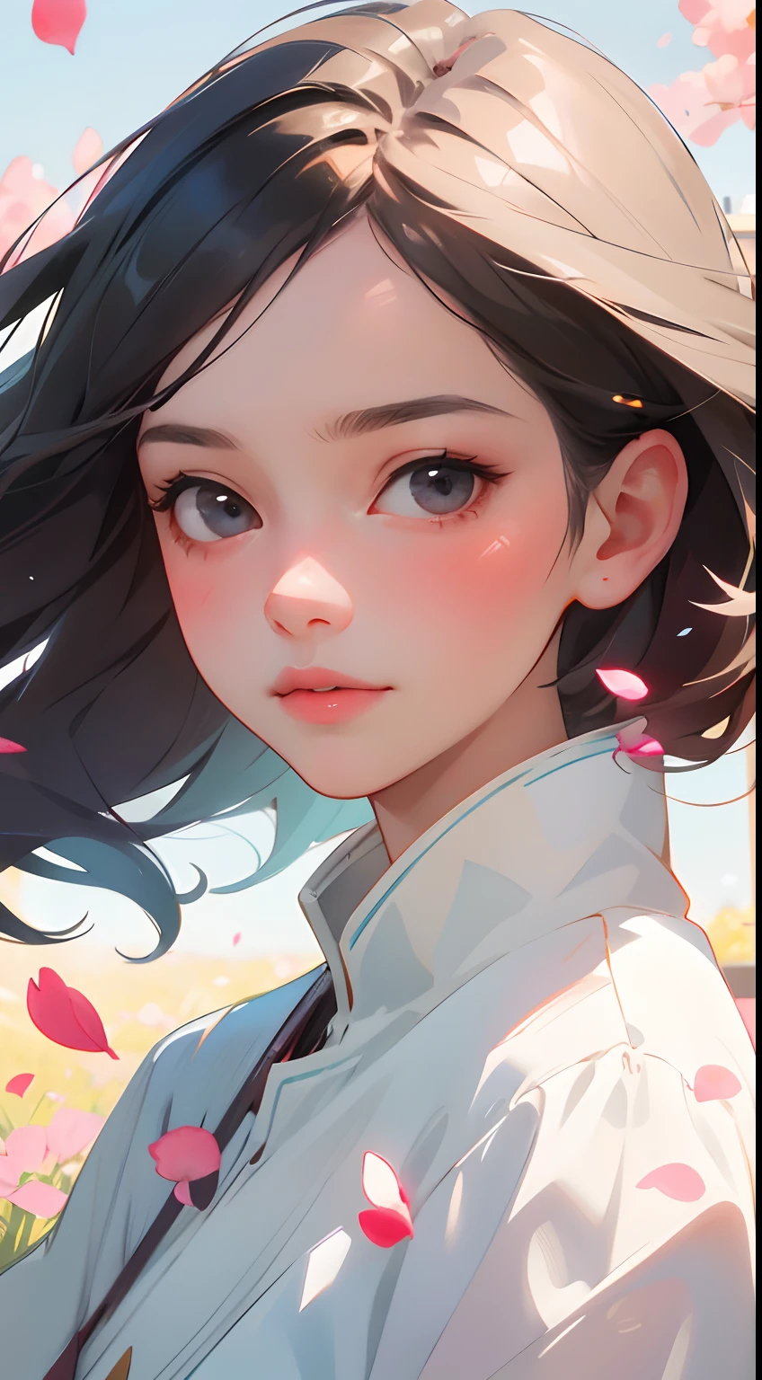 (best quality, masterpiece, ultra-realistic), 1 beautiful and delicate portrait of a girl, playful and cute, with floating petals in the background