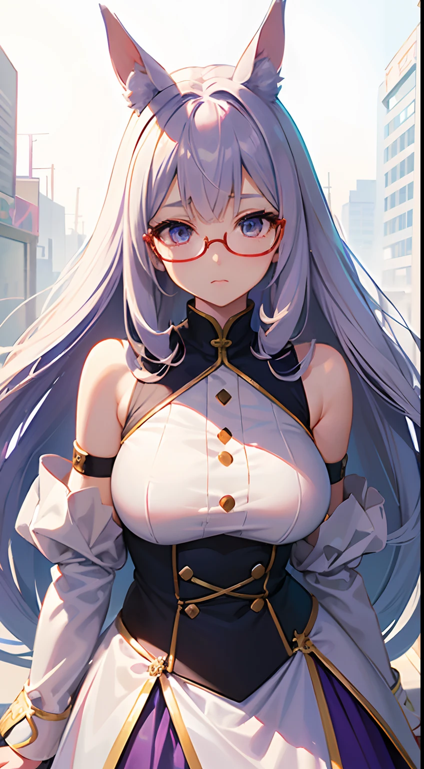 ((Best Quality)), (Ultra-detailed), ((Extremely detailed)), (Beautiful), ((Kawaii Girl))、Hair is white、Long haire、Quirk hair、Blue eyes、Girl with horse ears and tail、tall、Breasts are big、Purple and white running wear、Lavender colored black running shoes、Red under-rim glasses、One Girl、Standing、animesque、Uma Musume